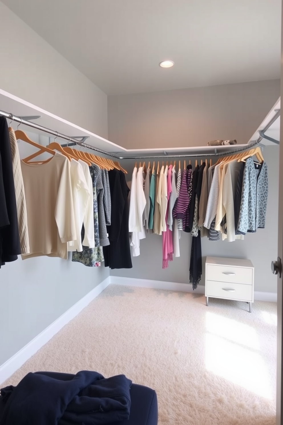 A stylish walk-in closet featuring open shelving that displays decorative storage boxes in various sizes and colors. The walls are painted in a soft gray hue, creating a serene atmosphere while the ample lighting highlights the organized space.