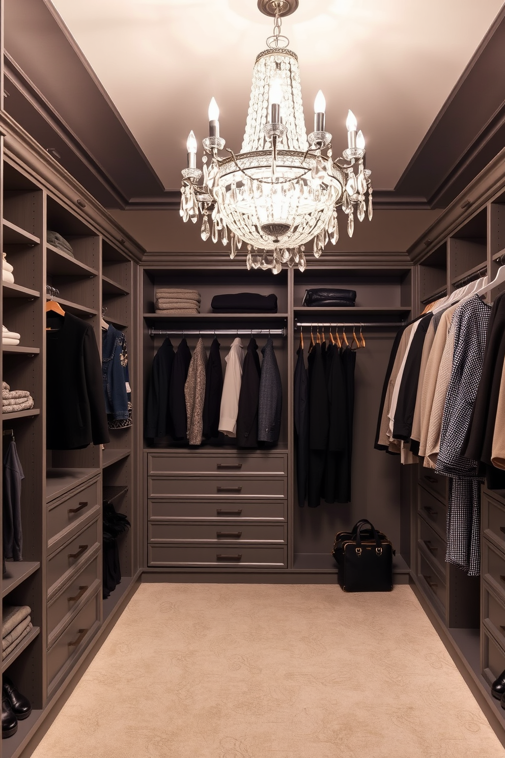 Chic chandelier for a touch of glamour. A stunning crystal chandelier hangs from the ceiling, casting a warm glow over the elegant space. Gray walk-in closet design ideas. The closet features custom shelving and hanging space, with soft gray walls and plush carpeting for a luxurious feel.