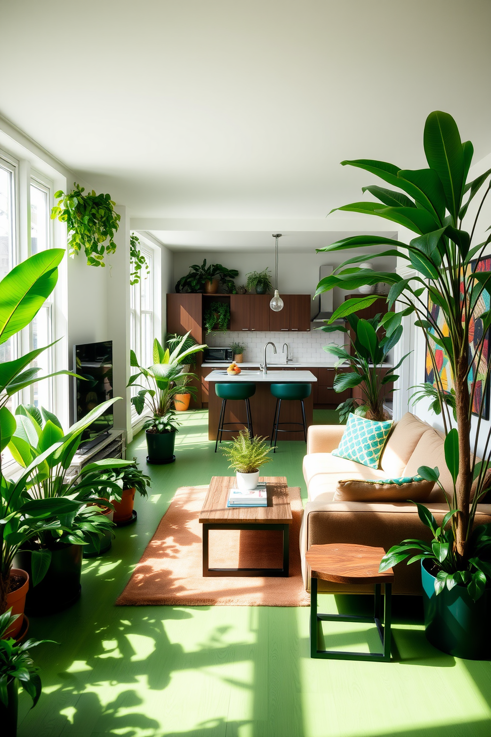 A vibrant green apartment filled with natural light. The living space features large potted plants in each corner, bringing freshness and life to the room. The open concept layout includes a cozy seating area with a plush sofa and a stylish coffee table. A modern kitchen with sleek cabinetry and a breakfast bar complements the lush greenery throughout the space.