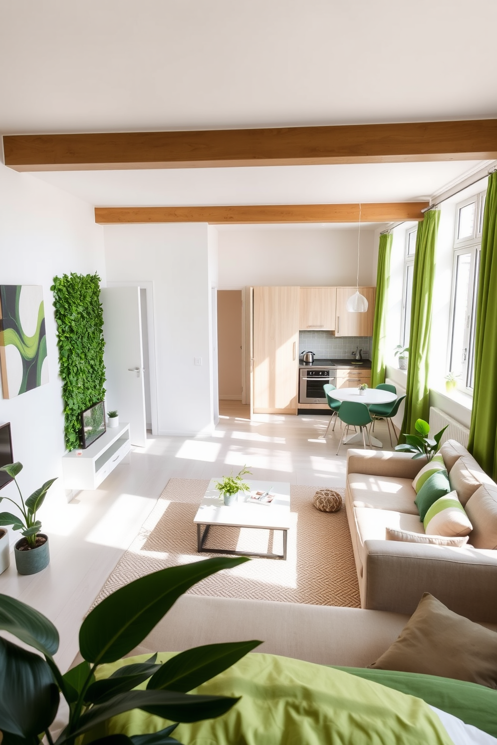 A vibrant green apartment filled with natural light. The walls are adorned with green wallpaper featuring intricate botanical prints that bring the outdoors inside. The living area is furnished with a plush beige sofa and a glass coffee table. Potted plants are strategically placed around the room, enhancing the fresh and lively atmosphere.