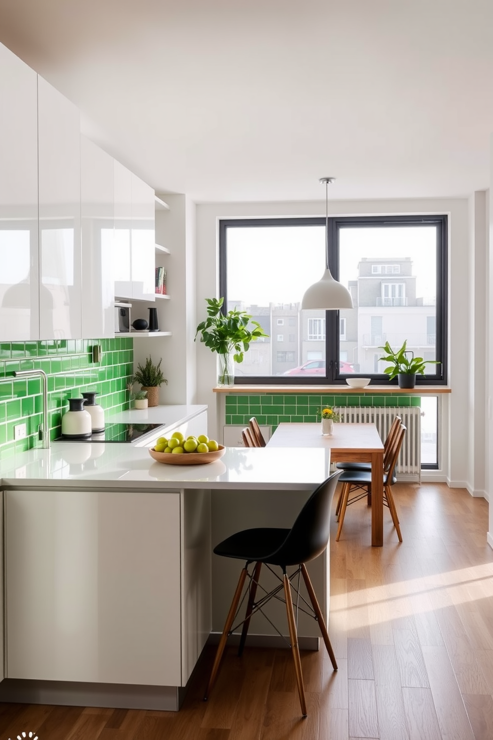 A modern kitchen featuring a backsplash made of vibrant green tiles that add a fresh touch to the space. The cabinetry is sleek and white, creating a beautiful contrast with the bold backsplash. The open layout includes a cozy dining area with a wooden table and stylish chairs. Natural light floods the room through large windows, enhancing the inviting atmosphere of the green apartment design.