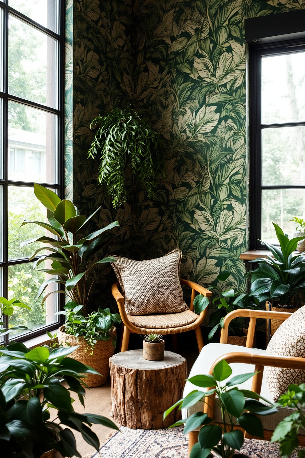 A stylish apartment interior featuring various shades of green in the decor. The walls are painted in a soft sage green while the furniture incorporates deeper emerald and forest green accents. The living area includes a plush green sofa paired with a light green armchair. Decorative pillows in contrasting patterns add visual interest and texture to the space. Natural light floods through large windows, enhancing the vibrant green tones throughout the apartment. Potted plants in varying sizes bring life and freshness to the design.