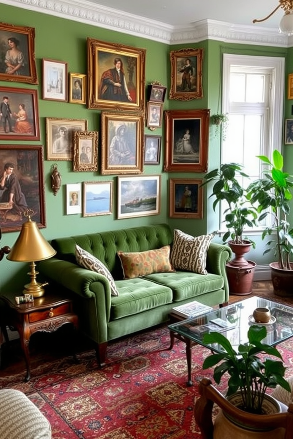 A vibrant green apartment filled with artistic flair. The space features an array of green ceramics and pottery displayed on shelves and tables, adding character and style. The living area boasts a plush green sofa complemented by abstract art on the walls. Natural light floods in through large windows, enhancing the inviting atmosphere of the room.