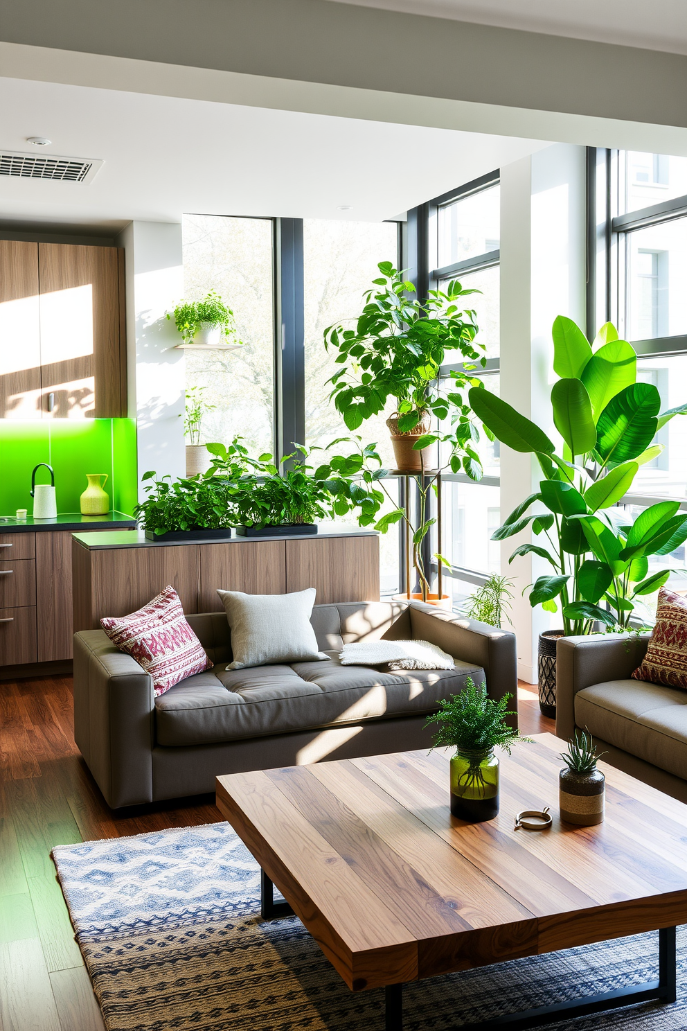 A modern green apartment featuring an indoor herb garden integrated into the kitchen space. The kitchen has sleek cabinetry with a bright backsplash, and the herb garden is positioned on a windowsill, allowing natural light to nourish the plants. The living area includes a cozy seating arrangement with a sustainable coffee table made from reclaimed wood. Large windows provide ample sunlight, and potted plants are strategically placed to enhance the fresh, vibrant atmosphere.