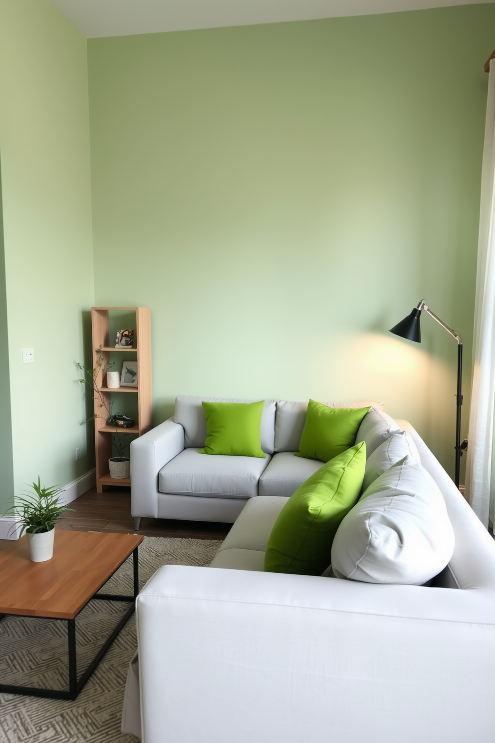 A cozy apartment living room featuring light green walls to create a fresh and airy atmosphere. The space is furnished with a plush light gray sofa, complemented by a set of vibrant green throw pillows and a stylish coffee table. In the corner, a small indoor plant adds a touch of nature, while a minimalist bookshelf showcases decorative items. Soft lighting from a modern floor lamp enhances the inviting ambiance, making the room perfect for relaxation and gatherings.