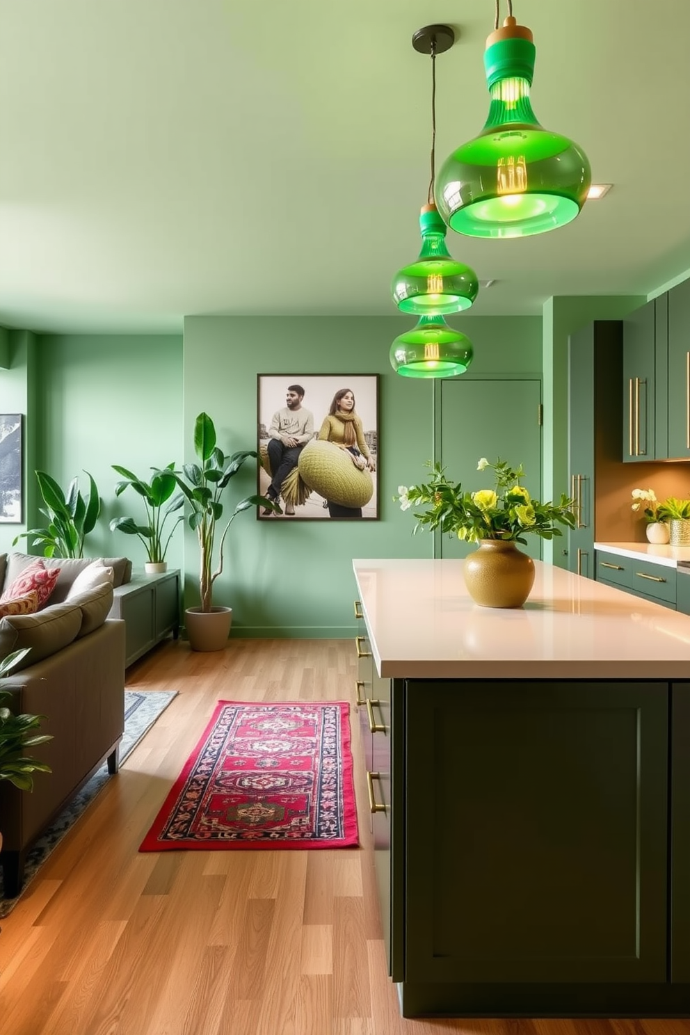 A modern green apartment featuring an open-concept living space with a cozy seating area. The walls are painted in a soft green hue, complemented by lush indoor plants and a vibrant area rug. The kitchen showcases sleek cabinetry with gold hardware and a spacious island perfect for entertaining. Unique green lighting fixtures hang above the island, adding a touch of personality and warmth to the space.