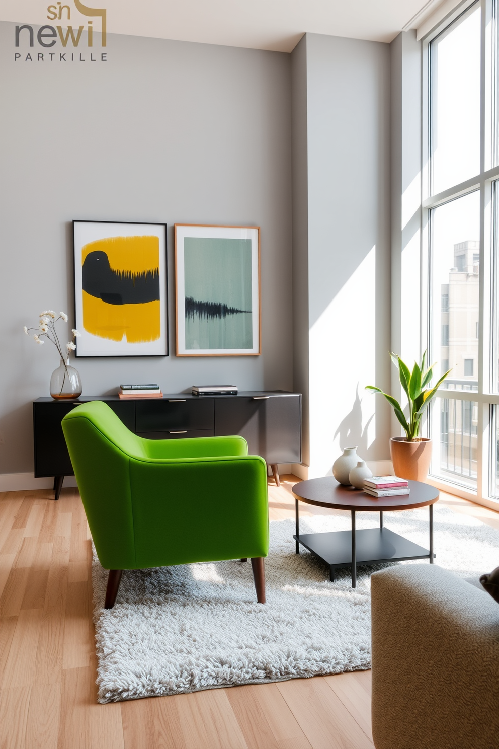 A stylish apartment featuring green lighting fixtures that create a unique ambiance. The fixtures are modern and artistic, casting a warm glow throughout the open living space. The apartment has a contemporary design with an emphasis on sustainability. Large windows allow natural light to flood in, complementing the green accents in the decor.