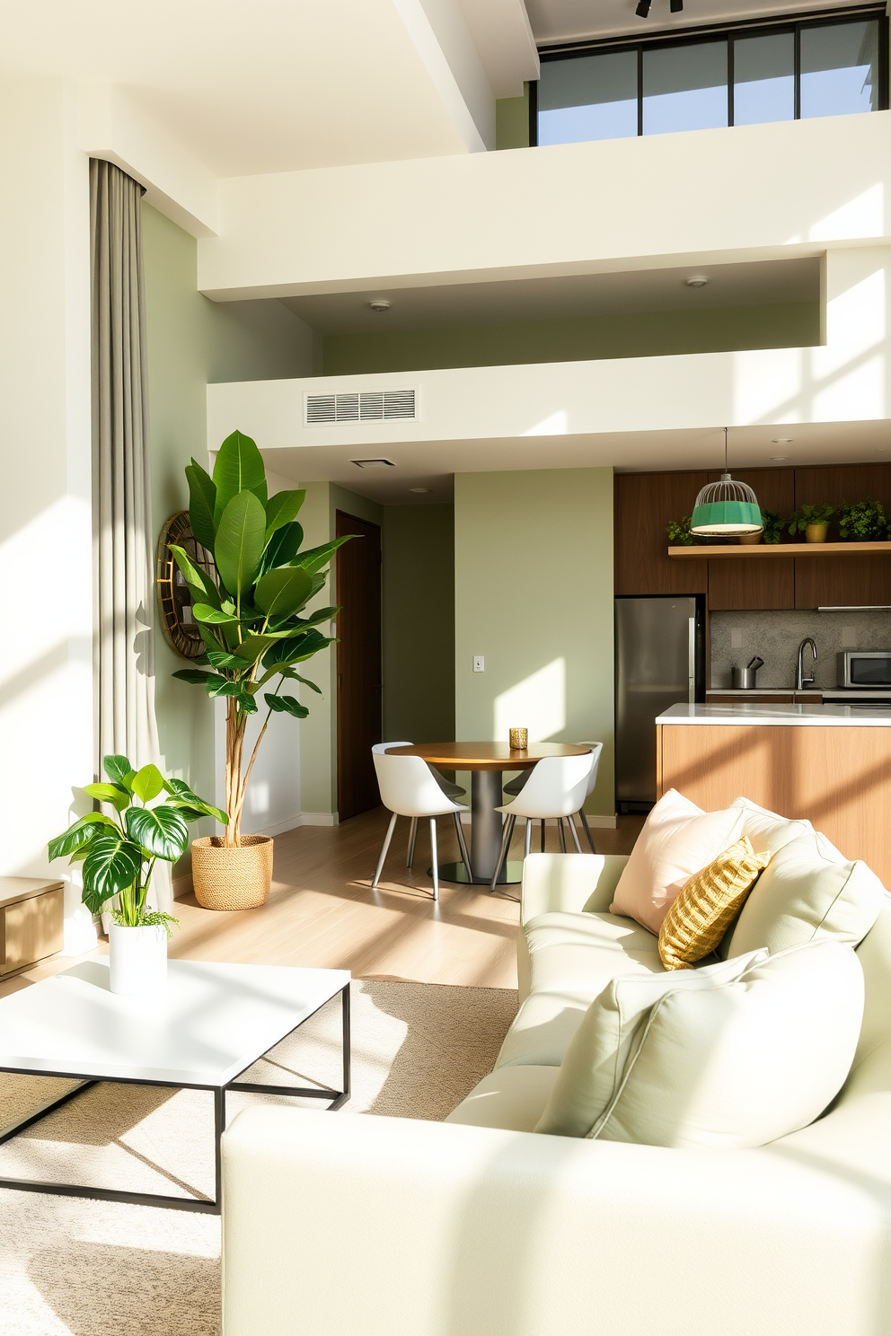 A stylish apartment interior featuring a modern living space with faux plants strategically placed throughout for easy maintenance. The color palette includes soft greens and neutral tones, creating a calming atmosphere with natural light streaming in through large windows. The living area showcases a sleek sofa paired with a minimalist coffee table, while a faux fiddle leaf fig adds a touch of greenery in the corner. The kitchen area features open shelving adorned with decorative faux herbs, enhancing the overall aesthetic of the space.