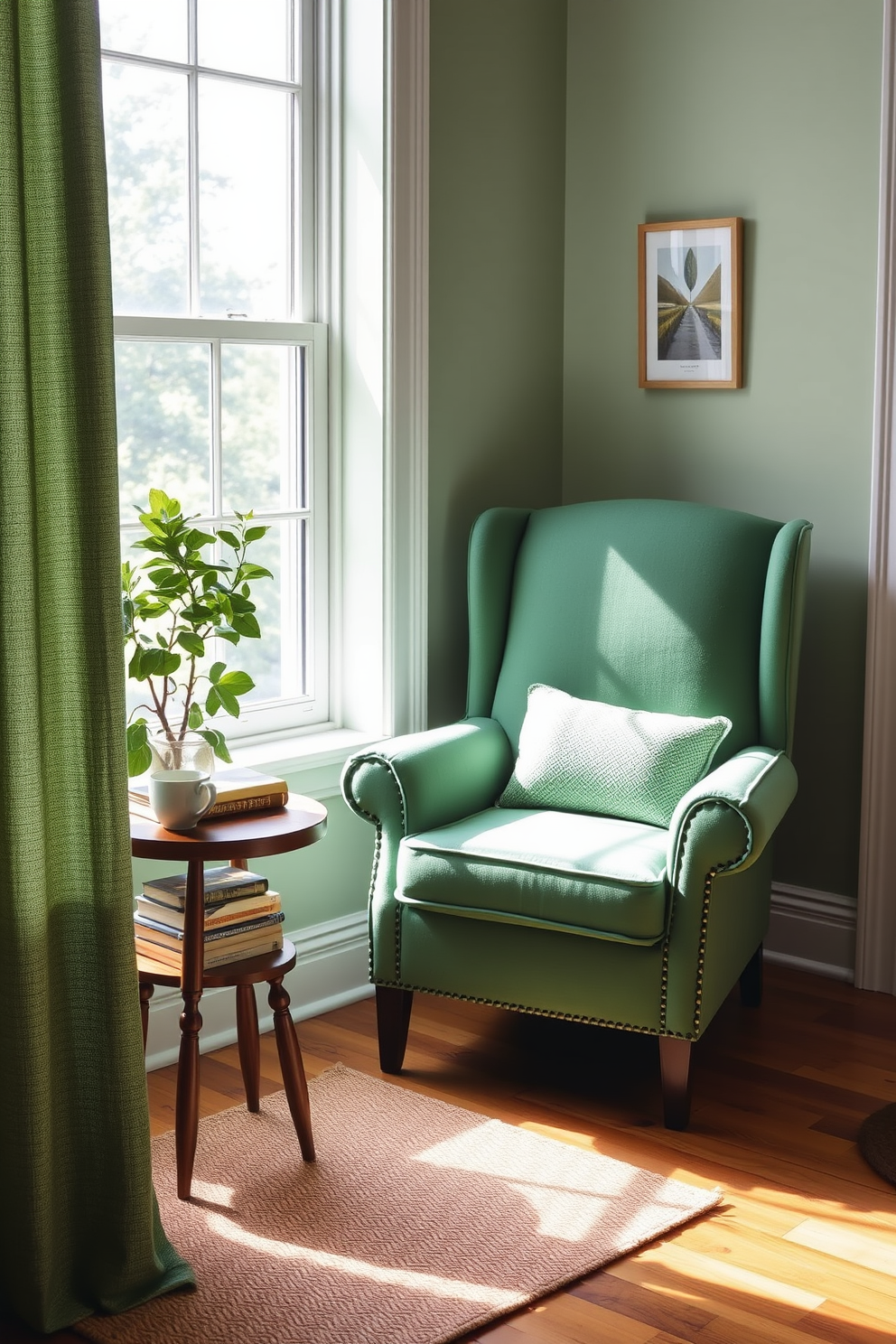 Create a cozy reading nook with green accents. A plush armchair upholstered in a soft emerald fabric is positioned near a large window, allowing natural light to flood the space. A small wooden side table holds a stack of books and a steaming cup of tea. The walls are painted in a gentle sage hue, and a woven rug adds warmth to the hardwood floor.