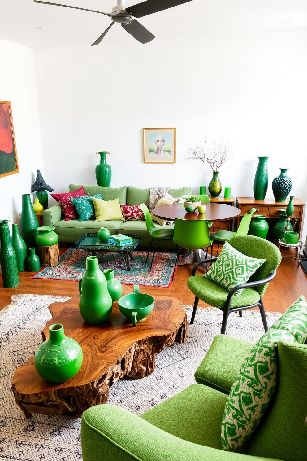 A vibrant green apartment filled with artistic flair featuring green ceramics as key design elements. The living area showcases a plush sofa adorned with colorful cushions, complemented by a unique coffee table made of reclaimed wood. The walls are painted in a soft white to enhance the brightness, while various green ceramic vases and sculptures are strategically placed throughout the space. A cozy dining nook with a round table is surrounded by stylish chairs, each featuring green ceramic accents that tie the room together.