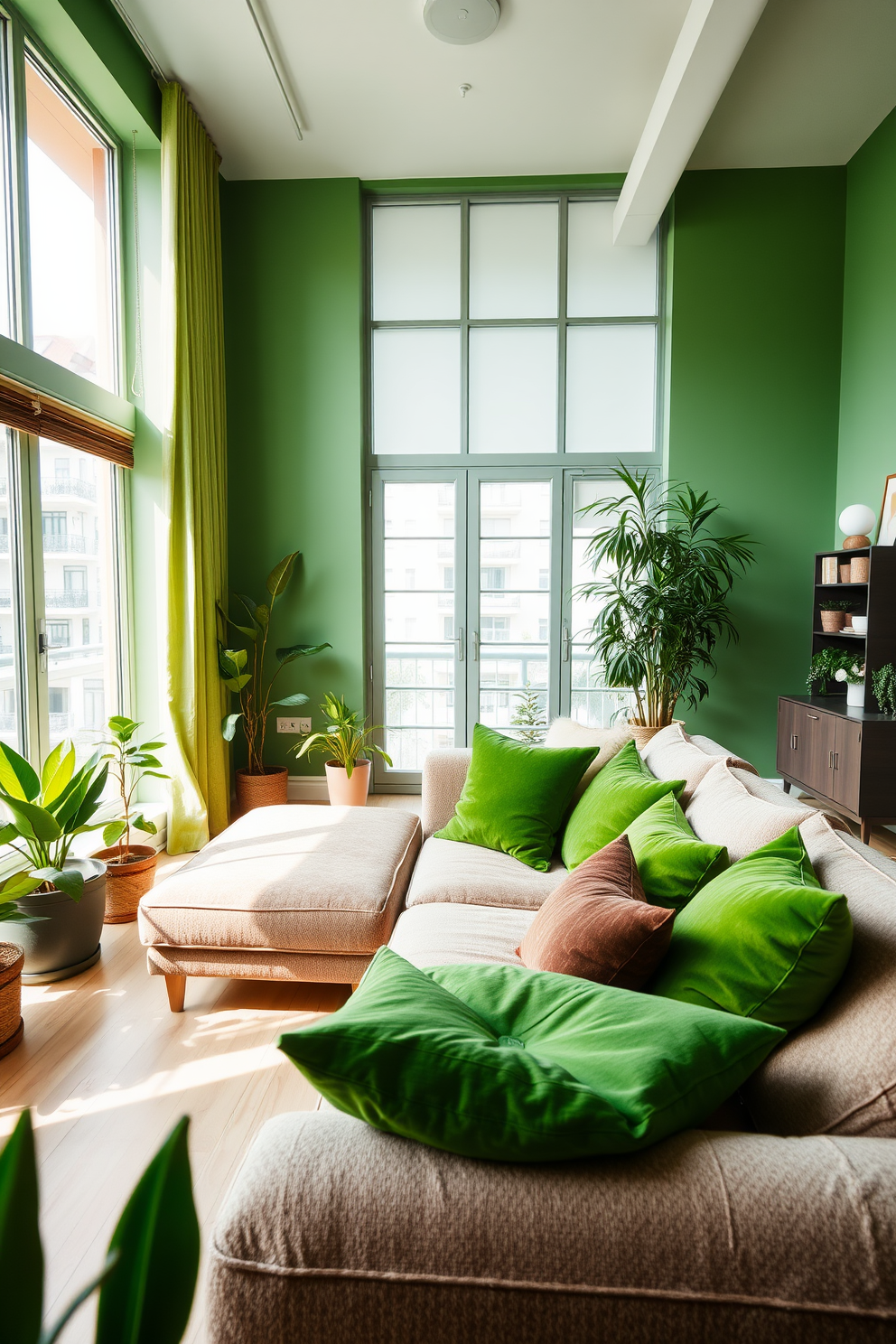 A vibrant green-themed gallery wall showcases an array of framed art pieces in various sizes and styles. The artwork features botanical prints and abstract designs that complement the lush greenery of the apartment. The green apartment design incorporates natural elements such as wooden furniture and indoor plants. Large windows allow sunlight to flood the space, enhancing the fresh and inviting atmosphere.