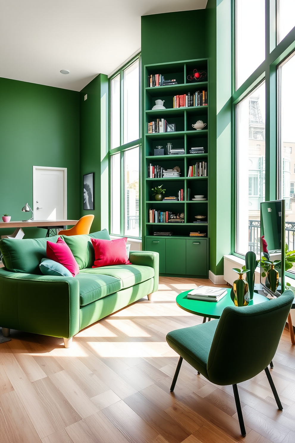 A stylish green apartment with a modern aesthetic. The living area features a sleek green sofa paired with vibrant throw pillows and a green coffee table that adds a striking contrast. Natural light floods the space through large windows, highlighting the light wood flooring. A minimalist bookshelf lines one wall, filled with books and decorative items that reflect the owner's personality.