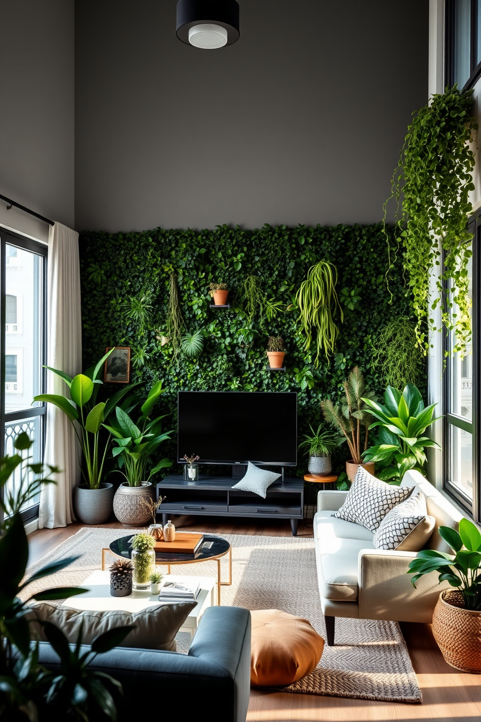 Create a stylish apartment interior featuring a green feature wall adorned with various indoor plants. The living space is bright and airy, with large windows allowing natural light to flood in, complemented by cozy furniture and decorative accents.