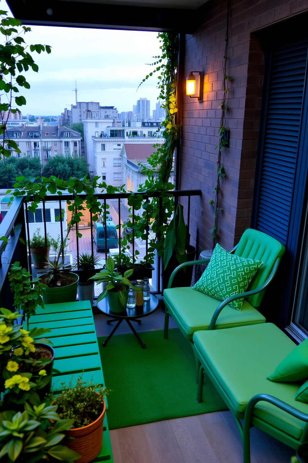 A stylish balcony space featuring green outdoor furniture that complements the urban landscape. The furniture includes a comfortable lounge chair and a small table adorned with potted plants, creating an inviting atmosphere for relaxation. The balcony railing is decorated with climbing vines, enhancing the natural feel of the space. Soft ambient lighting is incorporated to create a cozy evening setting, perfect for entertaining guests or enjoying a quiet night under the stars.