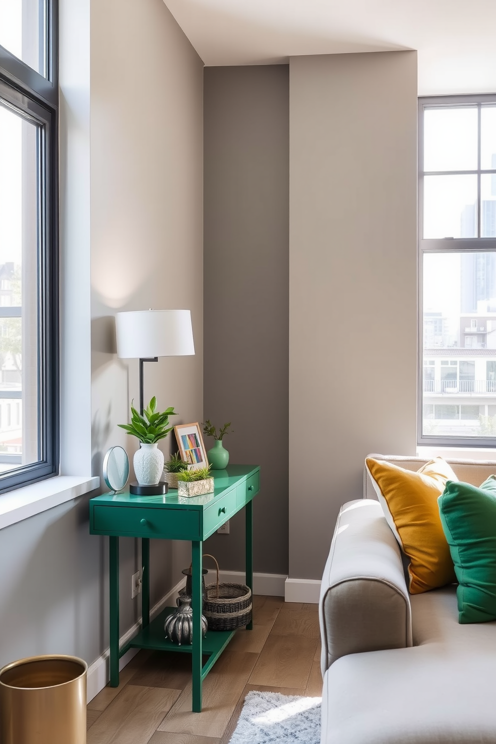 A stylish green console table stands against the wall, complementing the modern decor of the apartment. The table is adorned with decorative items such as a sleek lamp and a small potted plant, enhancing the vibrant yet calming atmosphere of the space. The living area features a cozy seating arrangement with a plush sofa and colorful throw pillows. Large windows allow natural light to flood in, highlighting the green accents throughout the room and creating an inviting ambiance.