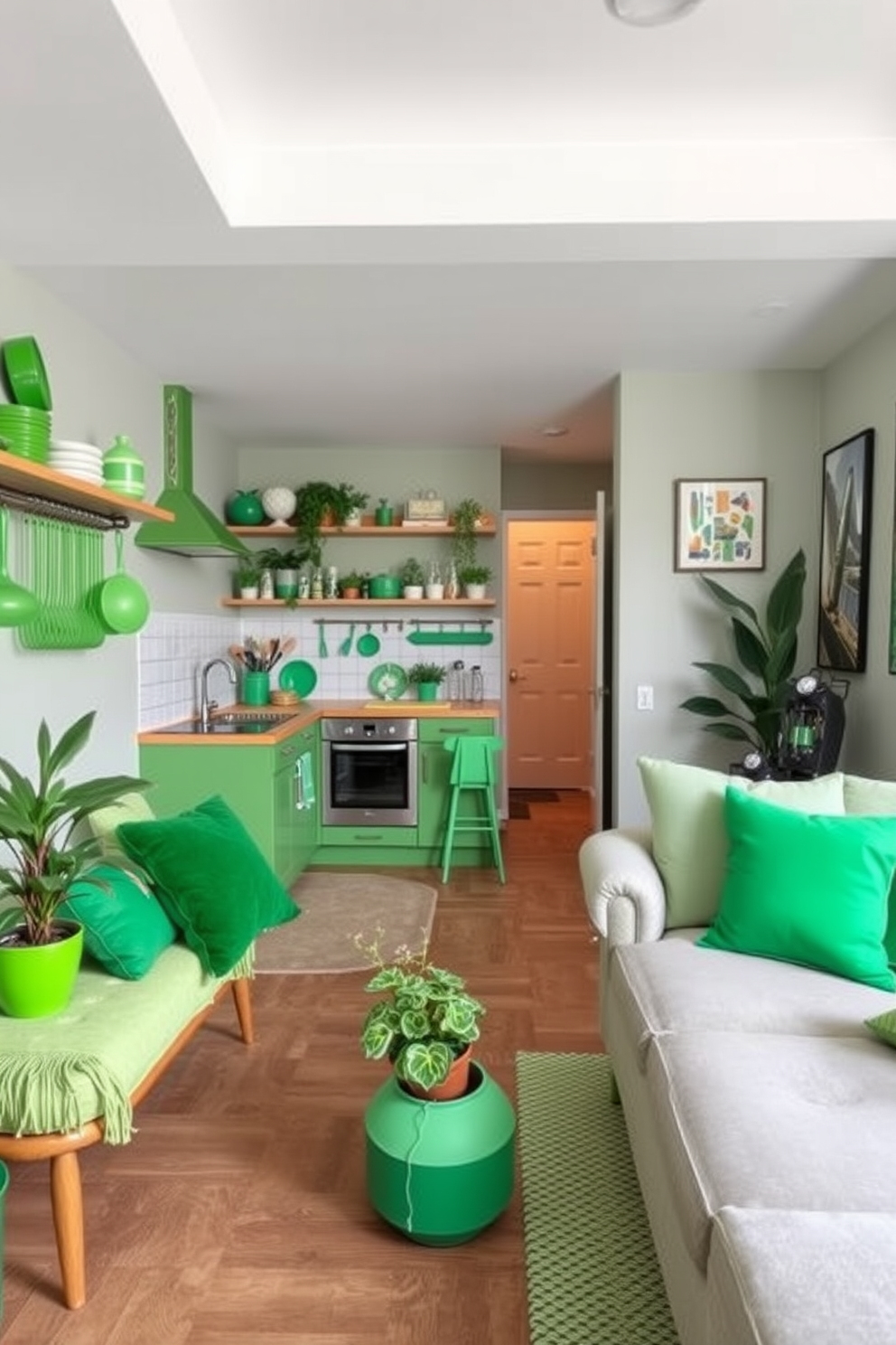 A serene dining area featuring a large wooden table surrounded by elegant green upholstered chairs. The table is set with white dinnerware, green napkins, and a centerpiece of fresh greenery and candles. A modern apartment design that incorporates various shades of green throughout the space. The living area boasts a comfortable green sofa, complemented by botanical prints on the walls and lush plants in the corners.