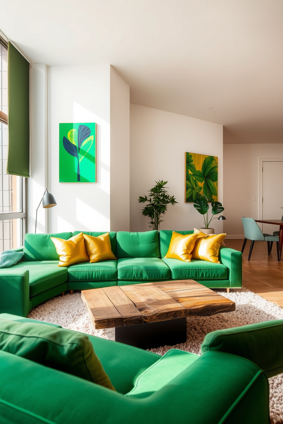 A modern apartment living room featuring a sleek green sofa with gold accent pillows. The walls are adorned with vibrant green art pieces that serve as focal points, complementing the overall color scheme. Natural light floods the space through large windows, highlighting a stylish coffee table made of reclaimed wood. A plush area rug in neutral tones anchors the seating area, creating a cozy yet sophisticated atmosphere.