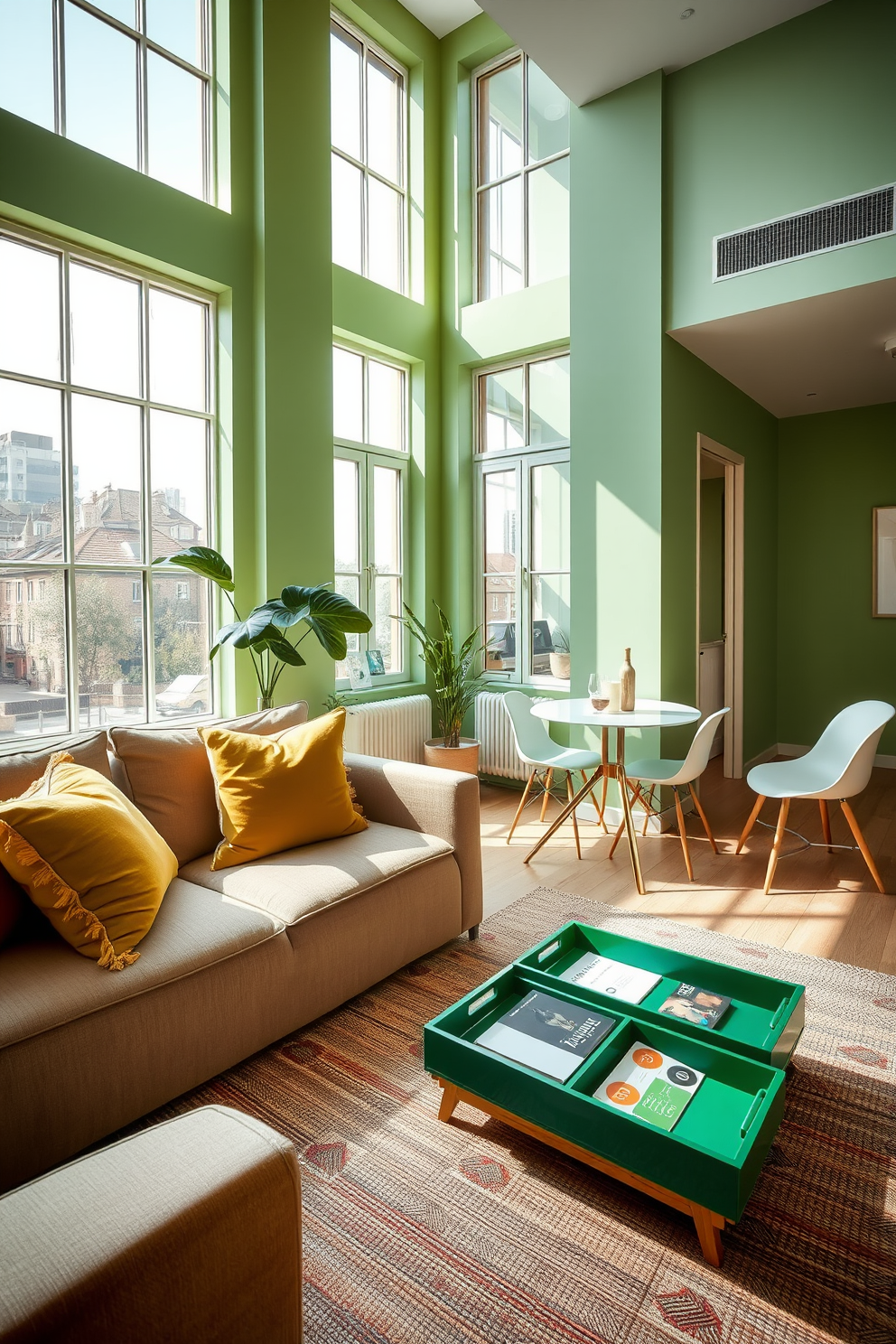 A stylish green apartment featuring a spacious living area with large windows allowing natural light to flood the space. The walls are painted a soft green, and a plush sofa is adorned with vibrant throw pillows. In the corner, a wooden coffee table is placed atop a textured area rug, complemented by green decorative trays that organize magazines and coasters. A small dining area with a round table and sleek chairs sits adjacent, creating an inviting atmosphere for meals.