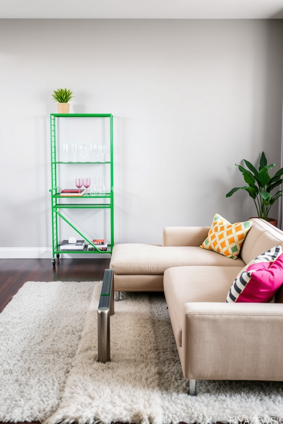 A stylish apartment living area featuring a green bar cart elegantly positioned against a light gray wall. The bar cart is adorned with an assortment of glassware and a small potted plant, creating a vibrant focal point in the room. The seating area includes a plush sectional sofa in a neutral tone, complemented by colorful throw pillows. A chic coffee table sits in front of the sofa, surrounded by a soft area rug that adds warmth to the space.