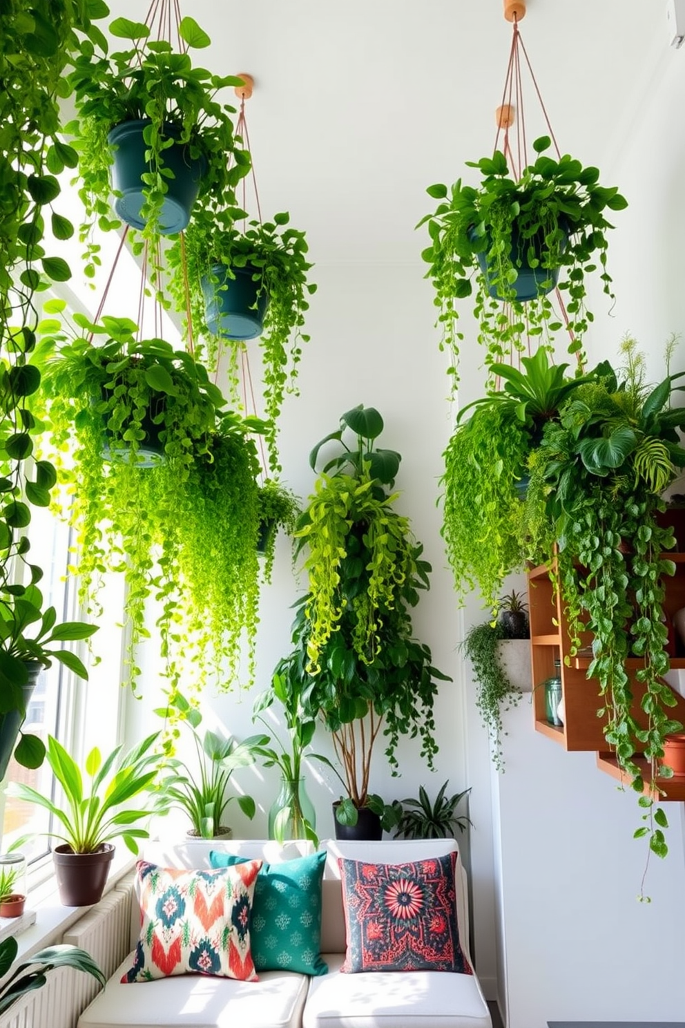 A vibrant green apartment filled with natural light. The space features hanging planters with lush greenery cascading down from the ceiling, creating a refreshing atmosphere. The walls are painted in a soft white to enhance the brightness of the room. A cozy seating area with a modern sofa and colorful cushions complements the lively plants, making it an inviting space for relaxation.