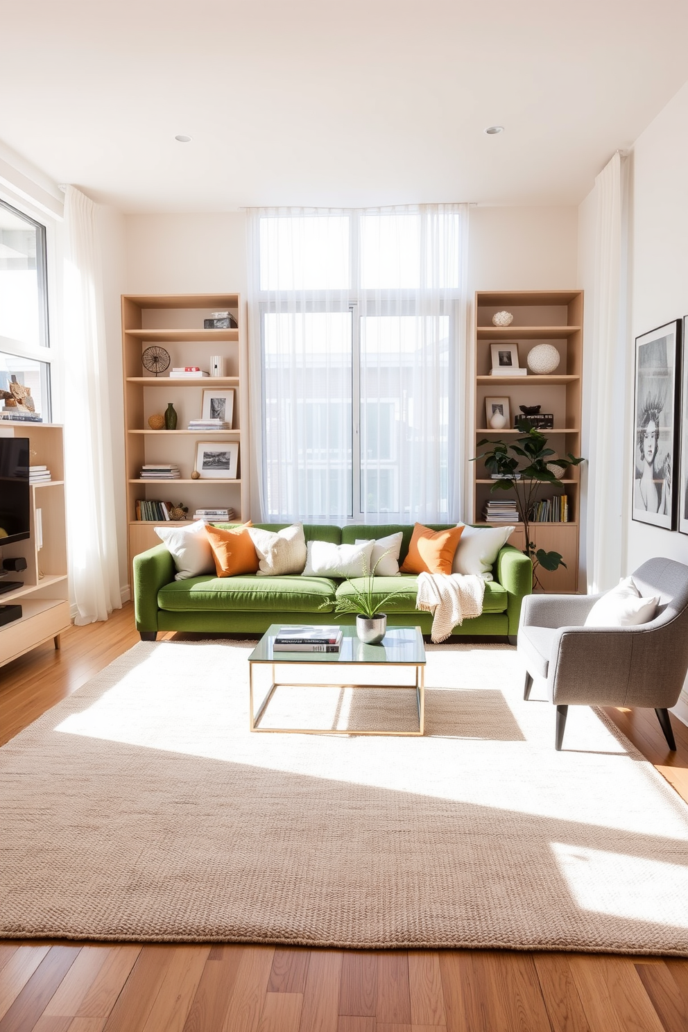 A stylish apartment featuring dark green furniture complemented by neutral tones. The living area showcases a plush dark green sofa paired with light beige cushions and a sleek wooden coffee table. The dining space includes a dark green dining table surrounded by cream-colored chairs. Large windows allow natural light to flood in, enhancing the warm and inviting atmosphere.