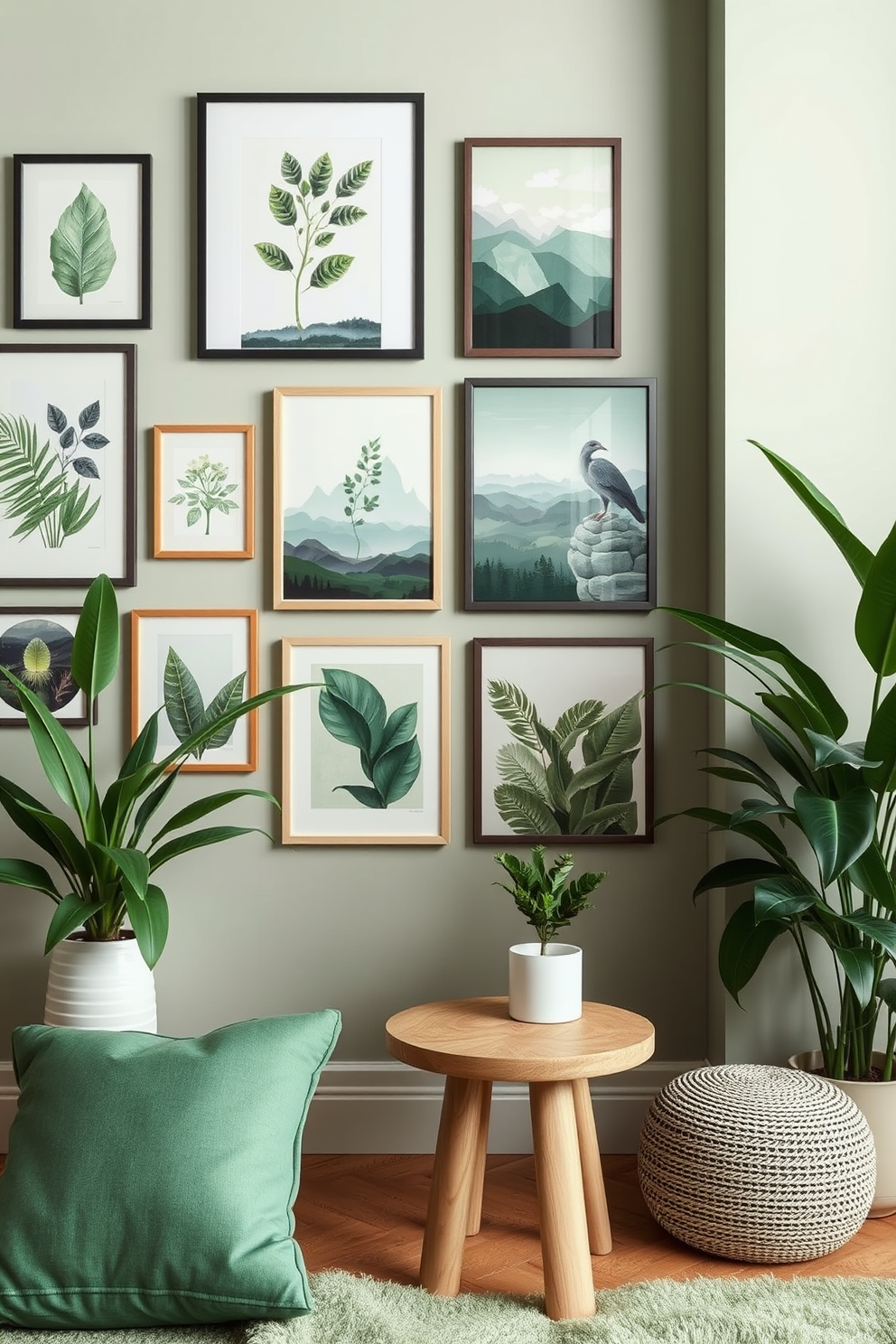 Create a gallery wall featuring a curated collection of nature-inspired artwork. The pieces should include botanical prints, landscapes, and abstract representations of the outdoors, arranged in a harmonious layout. Incorporate a fresh green color palette throughout the apartment design. Use plants, green accents, and natural materials to create a serene and inviting atmosphere.