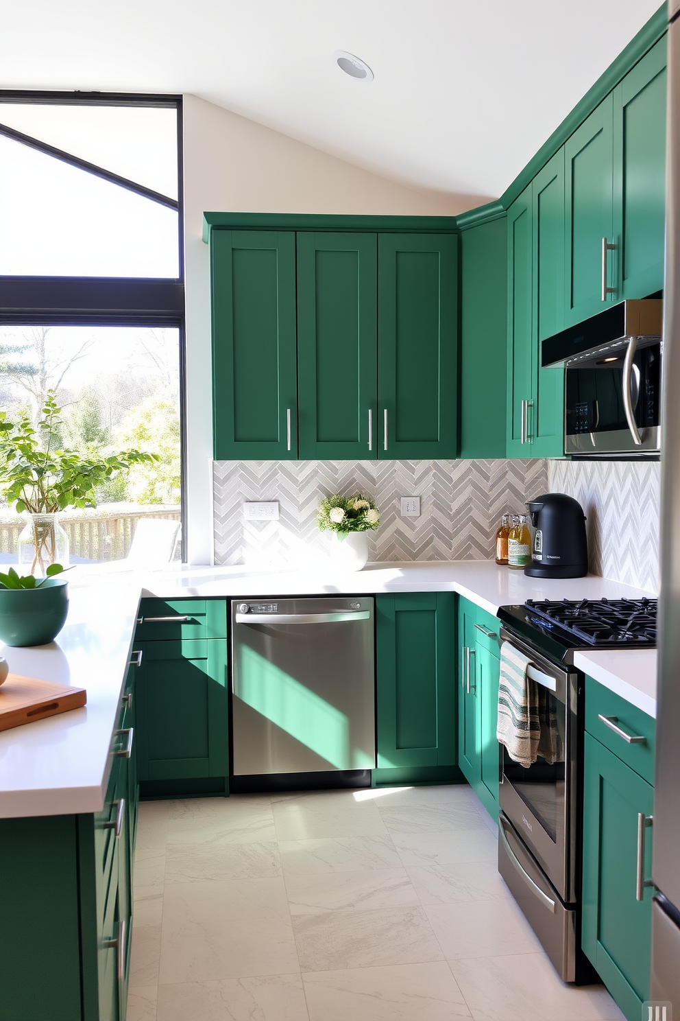 A stylish kitchen featuring green cabinets that add a vibrant touch to the space. The countertops are made of white quartz, and the backsplash is a subtle herringbone pattern in soft gray tones. The open layout connects the kitchen to the living area, enhancing the sense of space. Natural light floods in through large windows, illuminating the room and highlighting the modern appliances.