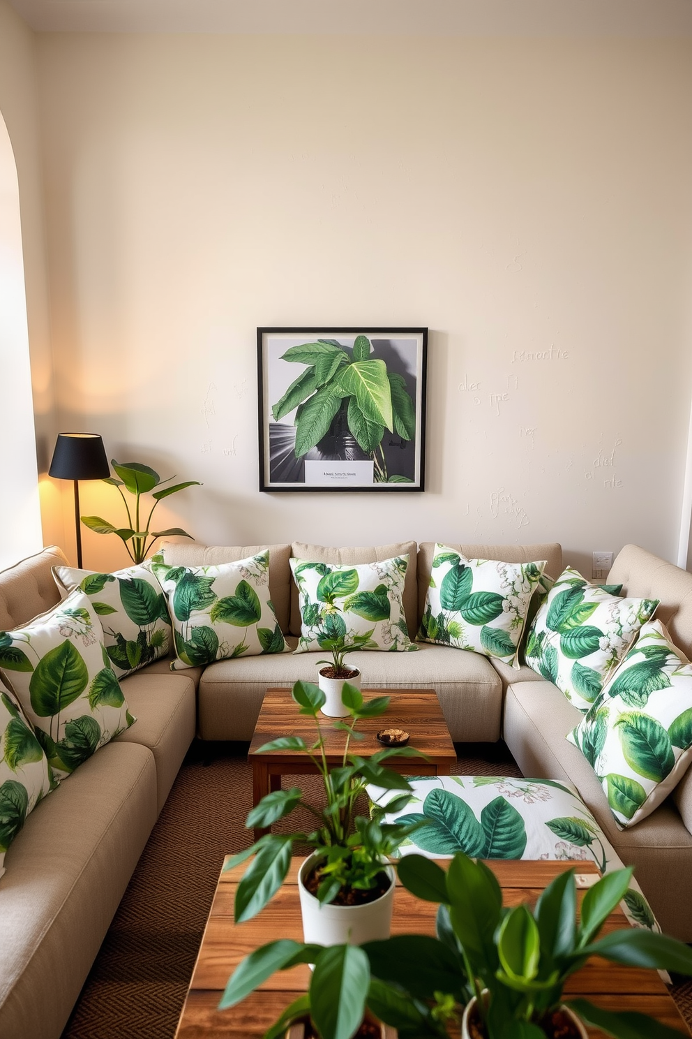 A cozy apartment living space featuring botanical prints in soft furnishings. The sofa is adorned with cushions that showcase vibrant green leaves and delicate flowers, creating a refreshing atmosphere. The walls are painted in a soft cream color to complement the greenery. A wooden coffee table sits in the center, surrounded by potted plants that add a touch of nature to the design.