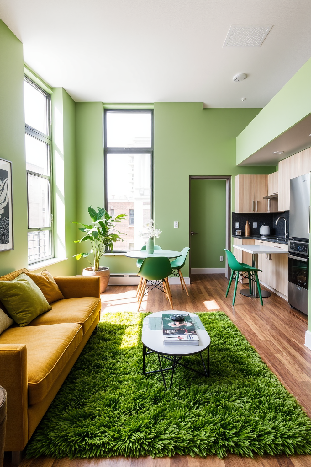 A stylish green apartment featuring a cozy living room with a plush green area rug that adds warmth to the space. The walls are adorned with modern art, and large windows allow natural light to flood in, highlighting the contemporary furniture arrangement. The open kitchen boasts sleek cabinetry in a light wood finish, complemented by stainless steel appliances. A small dining area with a round table and green chairs creates an inviting atmosphere for meals and social gatherings.