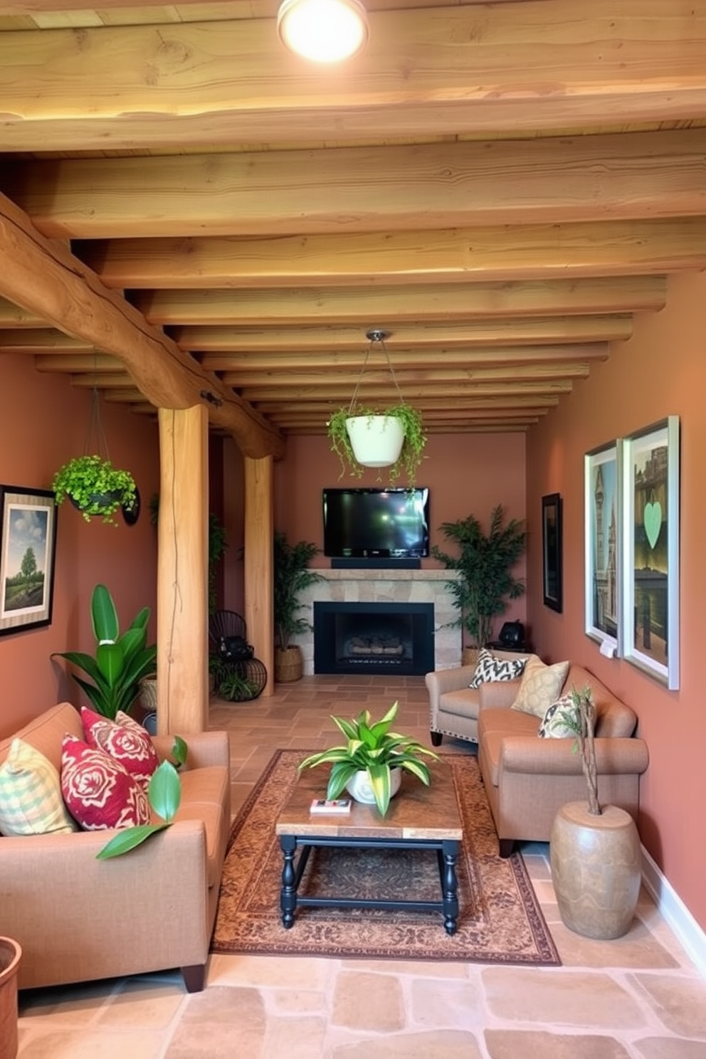 A cozy basement space featuring natural wood beams that add rustic charm to the environment. The walls are painted in earthy tones, complemented by comfortable furniture and soft lighting to create an inviting atmosphere. Incorporate greenery throughout the space with potted plants and hanging planters to enhance the natural feel. Use natural materials like stone and wood for the flooring and accents to maintain a cohesive design.