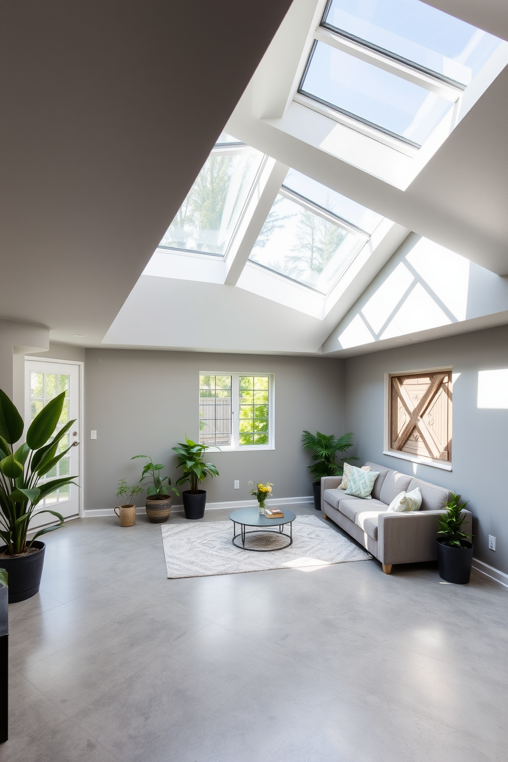 A contemporary basement design featuring solar-powered windows that allow abundant natural light to flood the space. The walls are painted in a soft gray tone, and the flooring consists of polished concrete that enhances the modern aesthetic. The layout includes a cozy seating area with a sectional sofa and a large area rug for comfort. Potted plants are strategically placed around the room to add a touch of greenery and improve air quality.