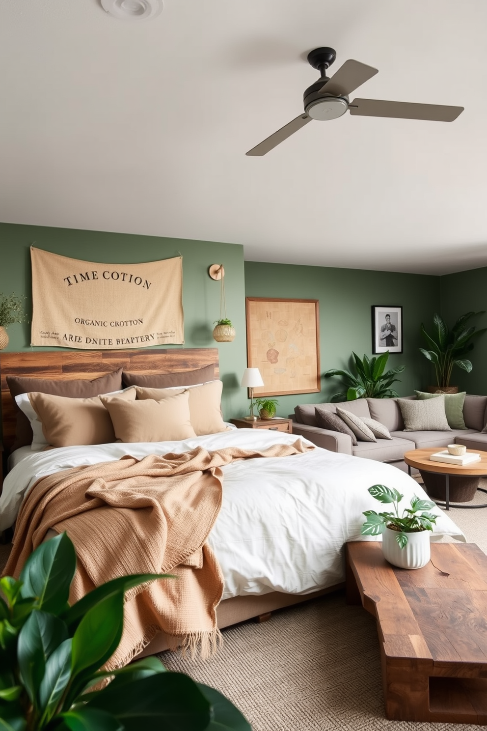 A serene bedroom featuring organic cotton textiles that provide soft comfort. The bedding is layered with plush pillows and a lightweight throw in earthy tones, creating a cozy atmosphere. An inviting basement designed with a green color palette, incorporating natural materials and plants. The space includes a comfortable seating area with a large sectional sofa and a reclaimed wood coffee table, enhancing the organic feel.