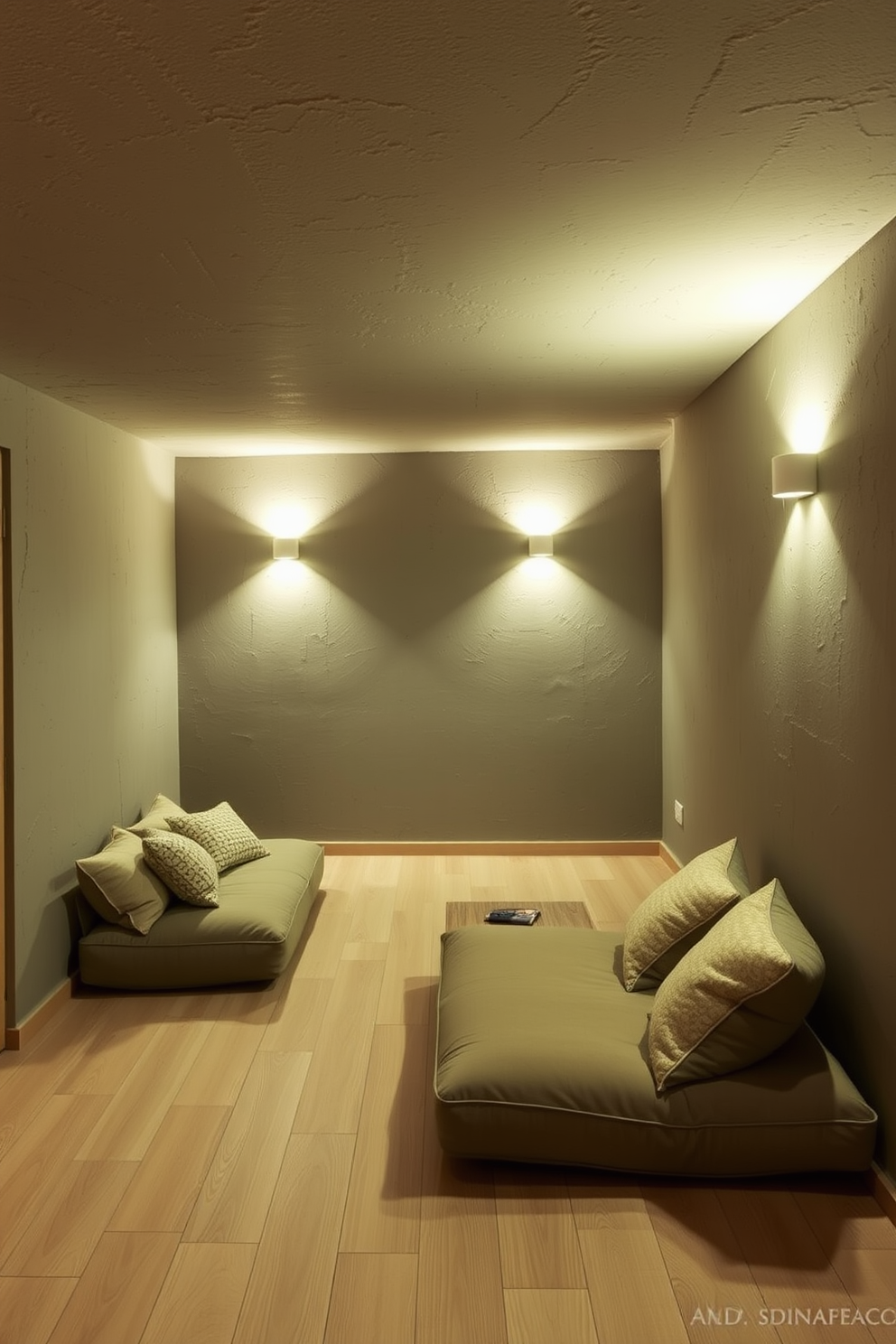 A serene basement space with clay plaster walls that exude natural beauty. The floor is finished with light wooden planks, creating a warm contrast to the textured walls. In one corner, a cozy seating area features plush cushions and a low wooden coffee table. Soft lighting fixtures are strategically placed to enhance the inviting atmosphere of the green basement design.