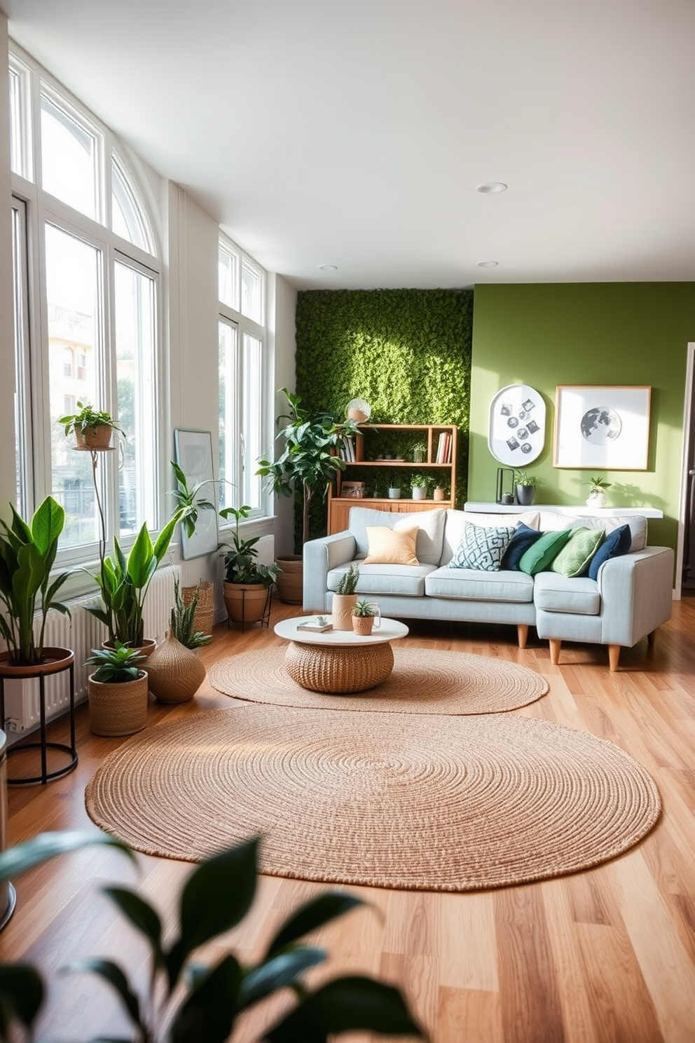 A cozy living room featuring a jute rug that complements the natural wooden flooring. The space is adorned with potted plants and sustainable furniture, creating an eco-friendly atmosphere. A modern basement design with green accents, including a green accent wall and furniture upholstered in eco-friendly fabrics. Natural light filters in through large windows, illuminating the space and enhancing the inviting ambiance.