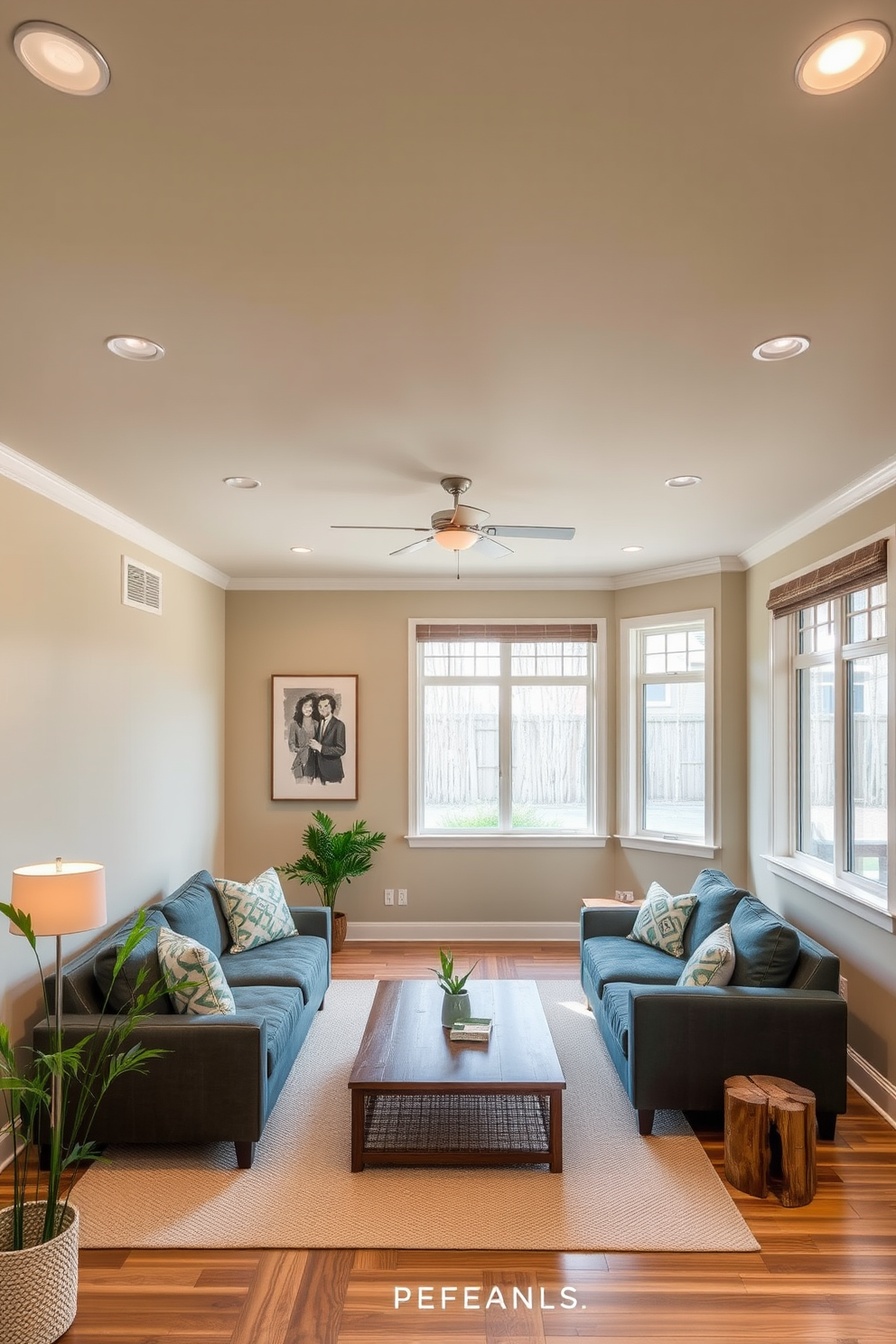 A serene living space designed with low VOC finishes that promote better indoor air quality. The walls are painted in soft, neutral tones and the flooring features sustainable bamboo, creating a calming atmosphere. A modern basement that incorporates green design ideas, featuring large windows for natural light and energy-efficient lighting fixtures. The space includes reclaimed wood accents and a cozy seating area designed for relaxation and entertainment.