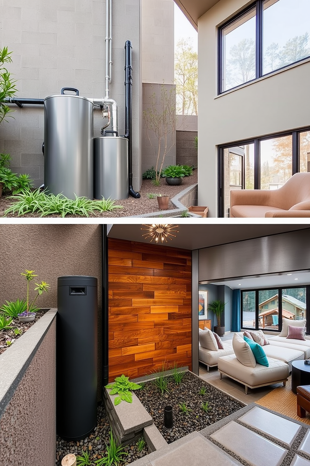 A modern rainwater harvesting system integrated into a sleek outdoor space. The system features decorative storage tanks that blend seamlessly with the landscape, surrounded by native plants and a small rain garden. A contemporary basement designed for functionality and comfort. The space includes a cozy lounge area with plush seating, a wet bar, and large windows that bring in natural light, all accented by warm wood tones and vibrant artwork.