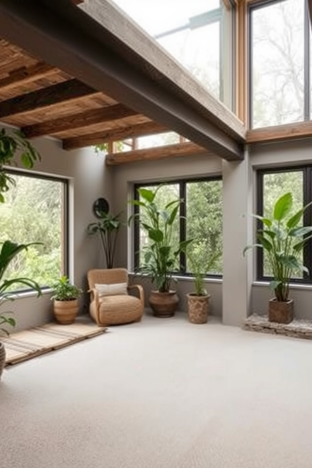 A serene basement retreat featuring biophilic design elements that promote a strong connection to nature. The space includes large windows that allow natural light to flood in, complemented by indoor plants strategically placed around the room. Natural materials such as reclaimed wood and stone are used throughout the design to enhance the organic feel. Soft, earthy tones dominate the color palette, creating a calming atmosphere that invites relaxation and mindfulness.