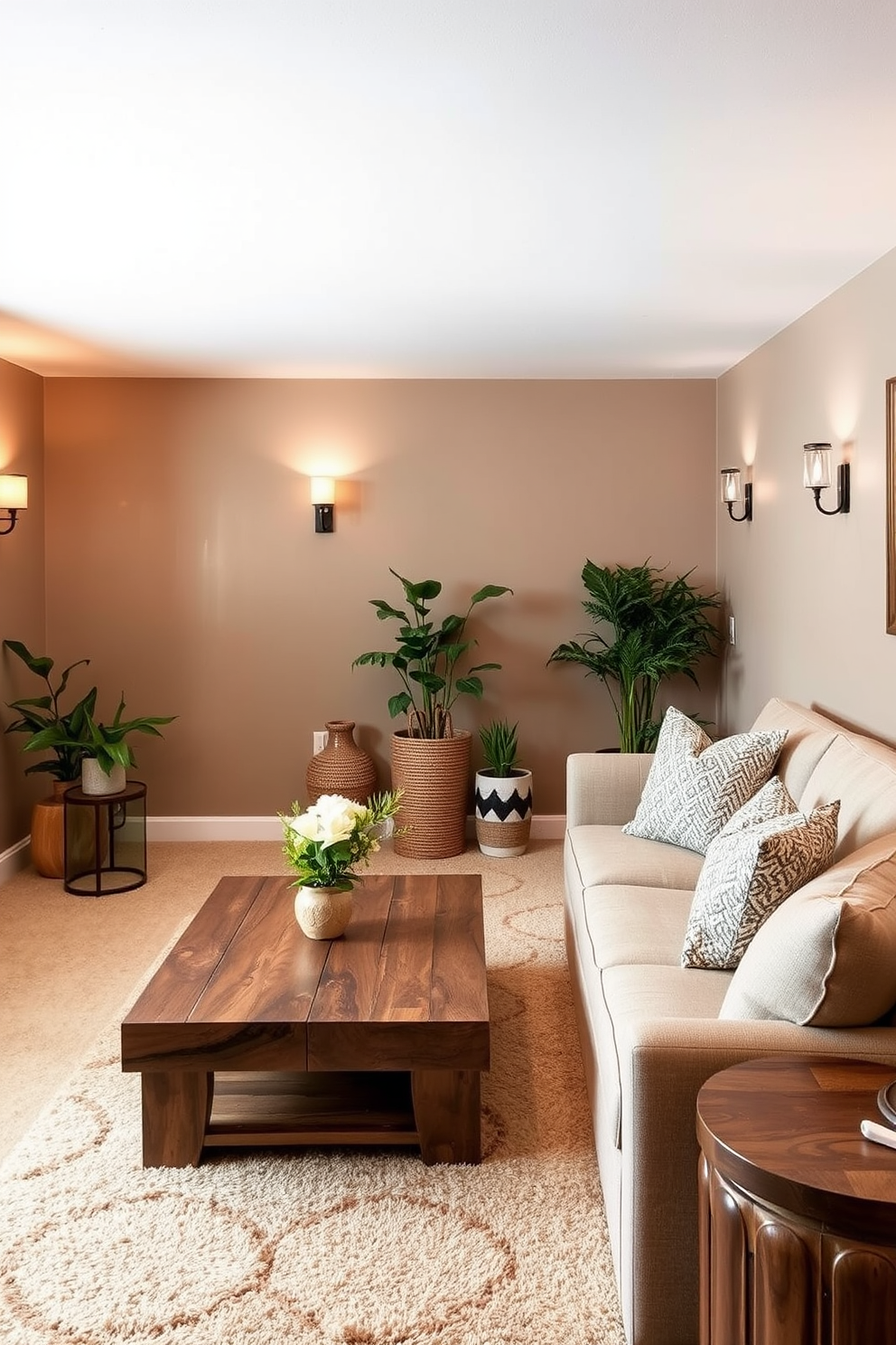 A cozy basement retreat featuring furniture made from reclaimed wood. The space includes a large reclaimed wood coffee table surrounded by plush seating and a soft area rug. The walls are painted in a warm earth tone, creating an inviting atmosphere. Large windows allow natural light to filter in, enhancing the rustic charm of the reclaimed wood accents.