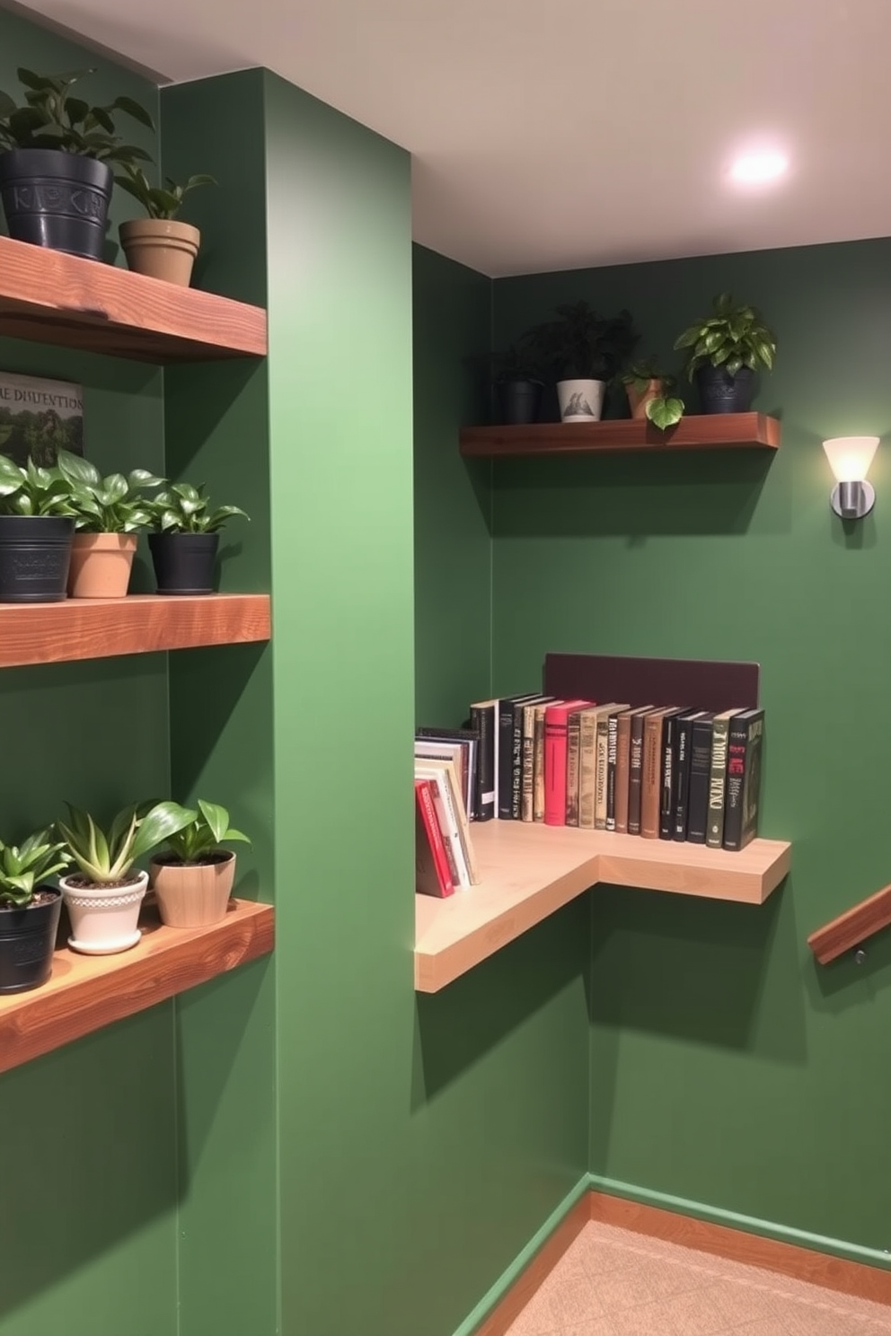 Reclaimed wood shelves are mounted on the walls, showcasing an array of potted plants and vintage books. The warm tones of the wood contrast beautifully with the cool colors of the green walls, creating a cozy yet sophisticated atmosphere. The basement features a green color palette that evokes a sense of tranquility and nature. Soft lighting highlights the natural textures of the space, enhancing the rustic charm while providing a welcoming environment.