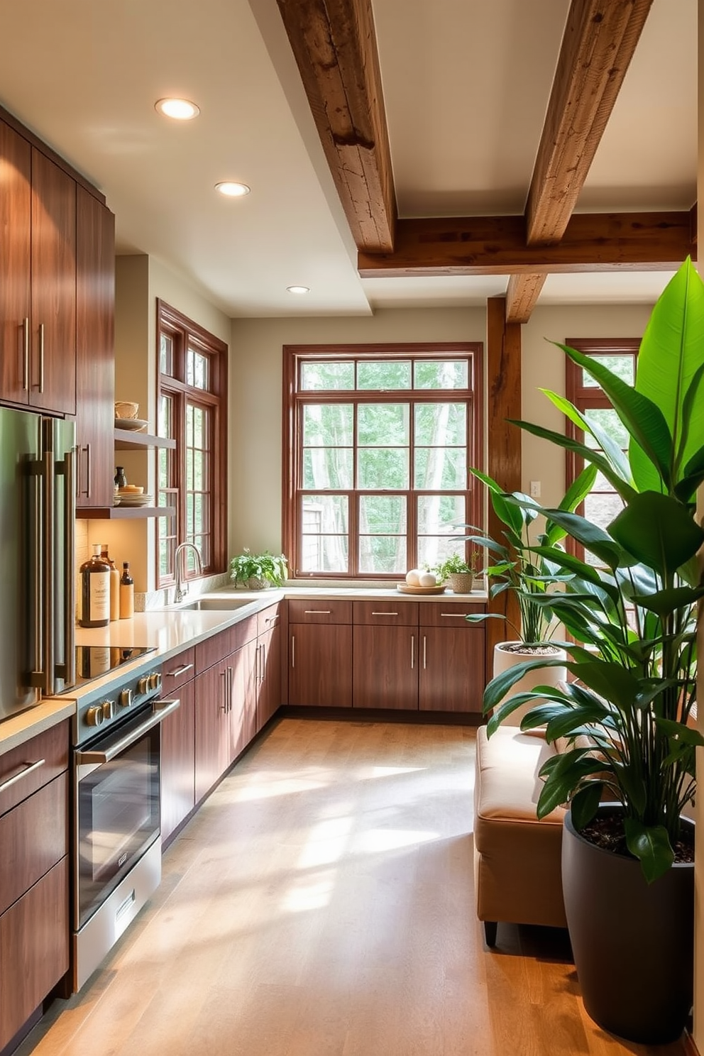 A cozy basement retreat featuring a green bar adorned with a variety of potted plants. The bar is made of reclaimed wood, with a sleek countertop and stylish bar stools that invite relaxation. The walls are painted in a soft gray hue, creating a warm and inviting atmosphere. Ambient lighting highlights the greenery, while a plush area rug adds comfort to the space.