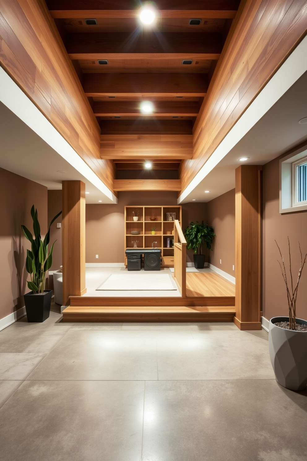 A contemporary basement space designed with eco-friendly paint colors. The walls are adorned in calming shades of soft green, creating a serene atmosphere that promotes relaxation. Natural light filters in through strategically placed windows, illuminating the area. Sustainable materials are used throughout, including reclaimed wood for shelving and bamboo flooring for an environmentally conscious aesthetic.