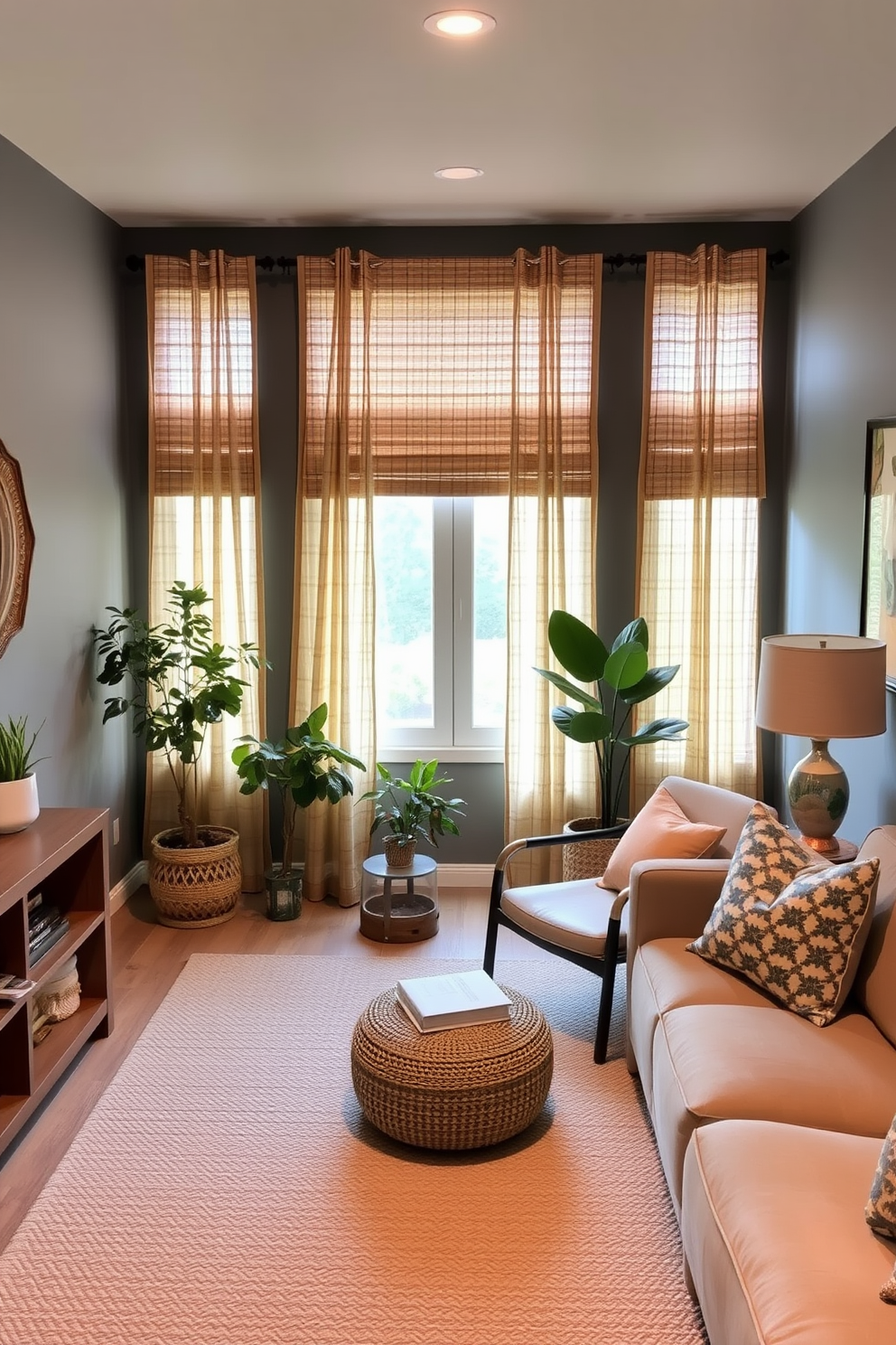 A cozy basement retreat featuring natural fiber curtains that gently filter sunlight while providing privacy. The walls are painted in a soft gray, complemented by warm wood accents and plush seating arrangements. Incorporate elements of nature into the design with potted plants and a textured area rug. The space includes a small reading nook with a comfortable chair and a side table, creating an inviting atmosphere.