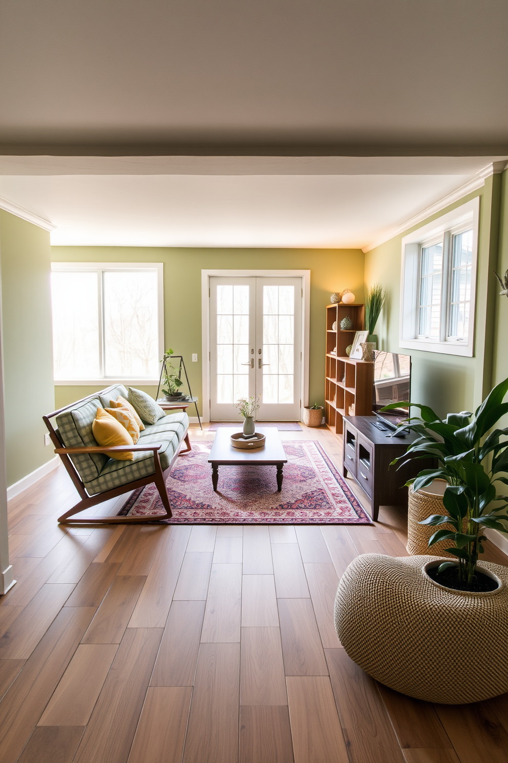 A modern basement designed with green insulation materials that promote energy savings. The walls are finished with eco-friendly paint, and the flooring features sustainable bamboo planks. Natural light floods the space through large windows, creating an inviting atmosphere. Stylish furniture made from recycled materials complements the overall design, enhancing both aesthetics and sustainability.