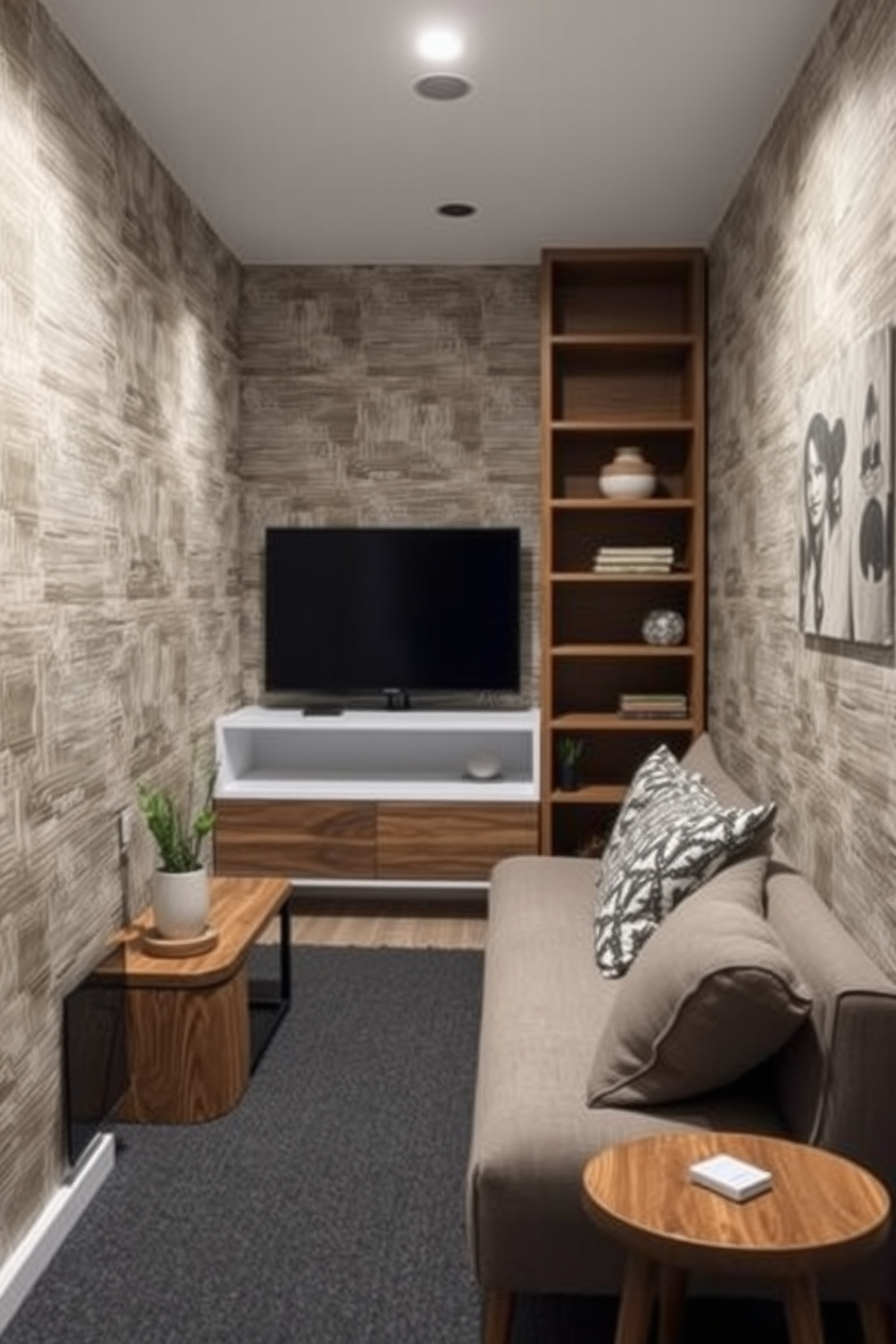 Eco-friendly wallpaper for stylish decor. The design features natural textures and patterns that enhance the aesthetic while promoting sustainability. Green Basement Design Ideas. The space incorporates energy-efficient lighting and reclaimed wood elements, creating a cozy yet modern atmosphere.