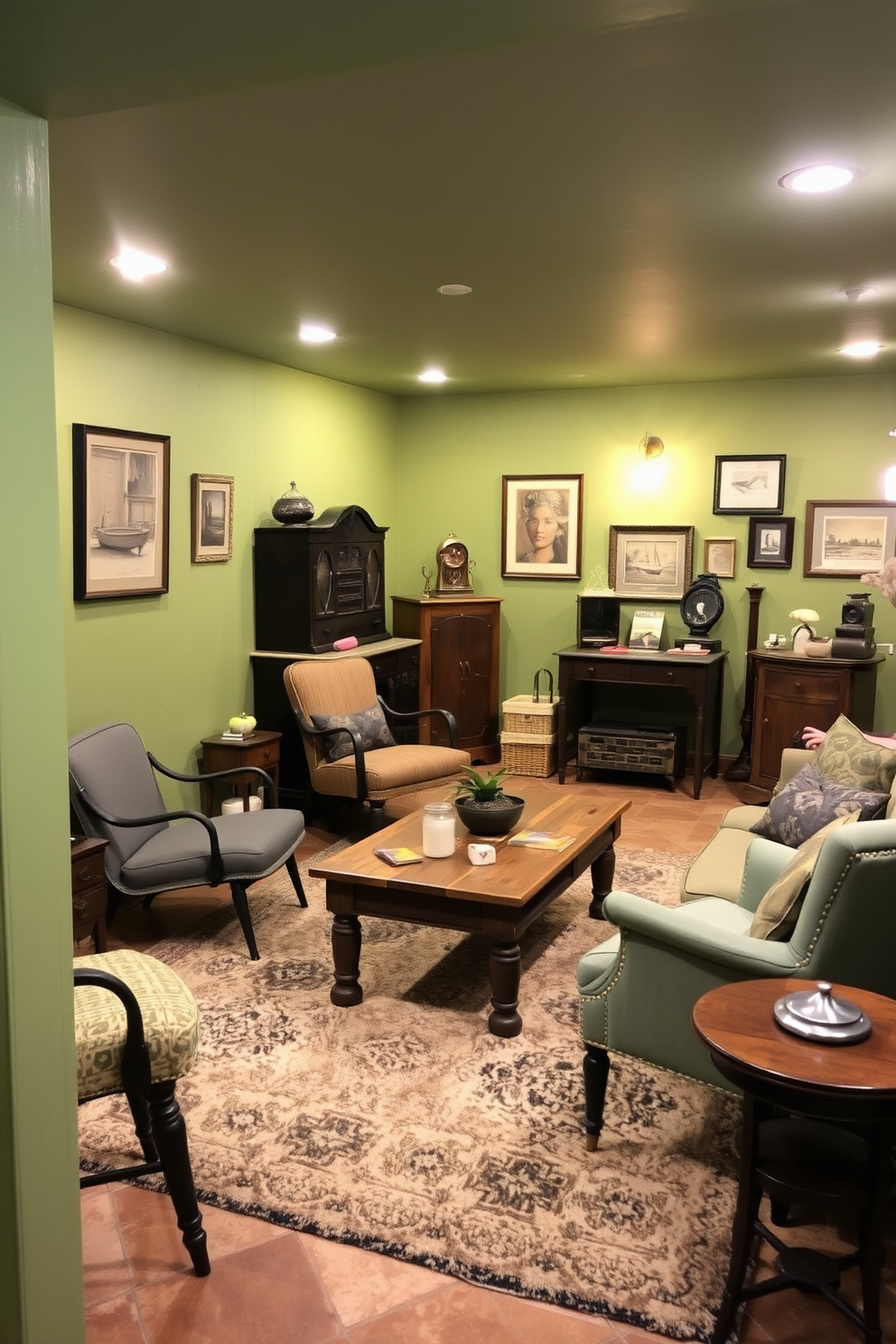 A cozy green basement featuring vintage decor pieces that add unique character. The walls are painted in a soft sage green, complemented by a plush area rug and antique furniture that tells a story. An inviting seating area showcases a mix of retro chairs and a reclaimed wood coffee table. Decorative items like a vintage clock and framed art pieces create a warm and personal atmosphere.