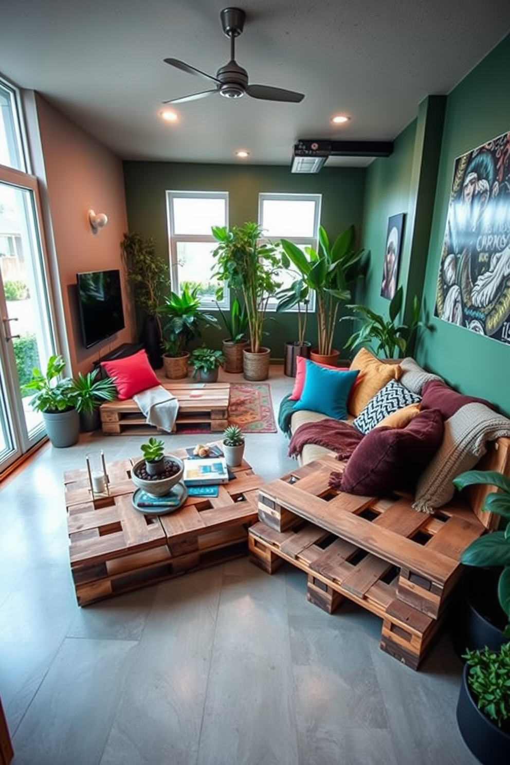 A cozy living space featuring repurposed wood pallets creatively arranged as a coffee table and seating area. The pallets are adorned with colorful cushions and throw blankets, creating an inviting atmosphere. A modern green basement designed with eco-friendly materials and vibrant plants. The space includes a comfortable lounge area with natural light filtering through large windows, complemented by green accent walls and sustainable decor elements.