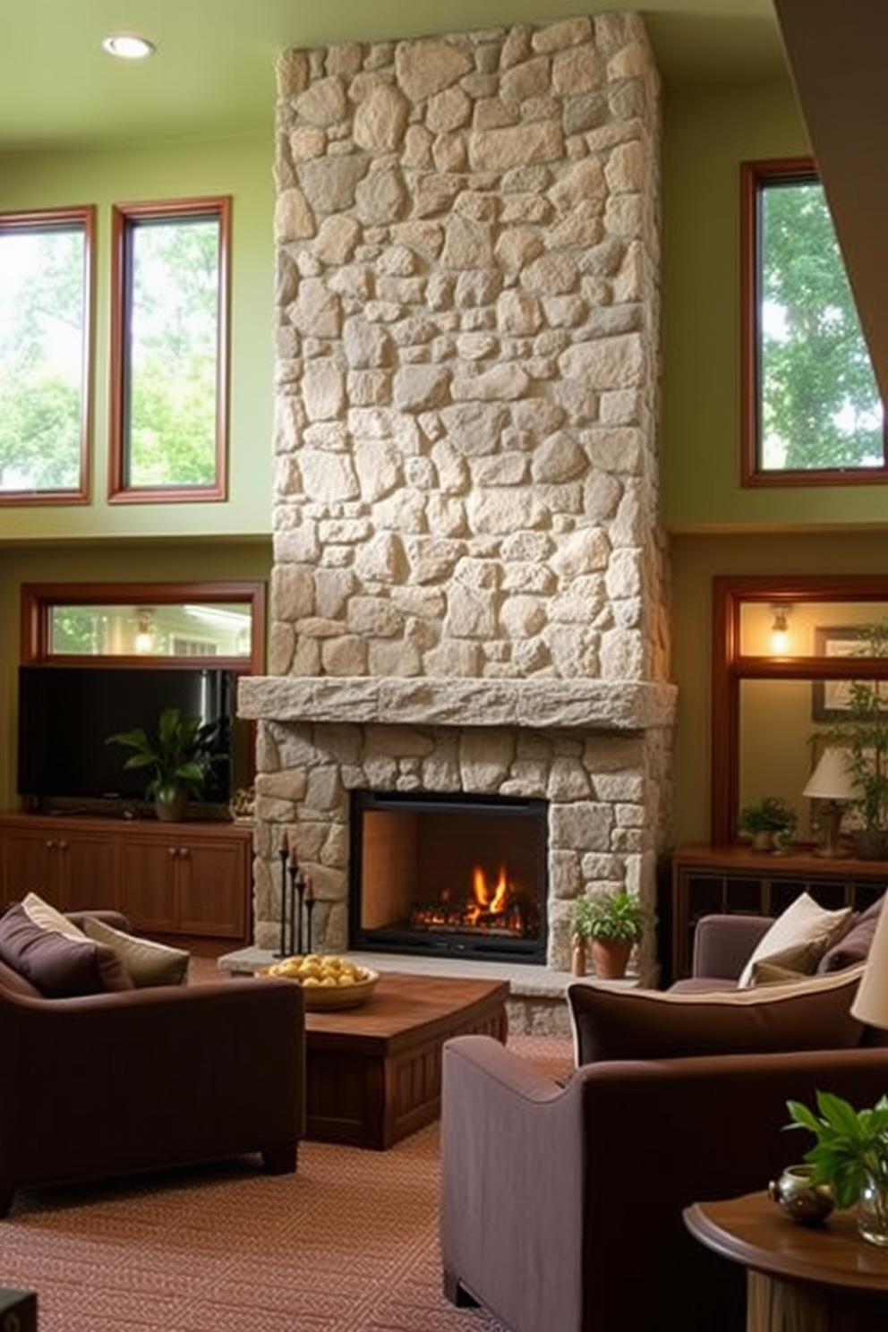 A natural stone fireplace serves as the centerpiece of a cozy living space. The fireplace is surrounded by plush seating and soft lighting, creating an inviting atmosphere. The green basement design features a combination of earthy tones and natural materials. Large windows allow natural light to flood the space, highlighting the greenery and enhancing the overall warmth.