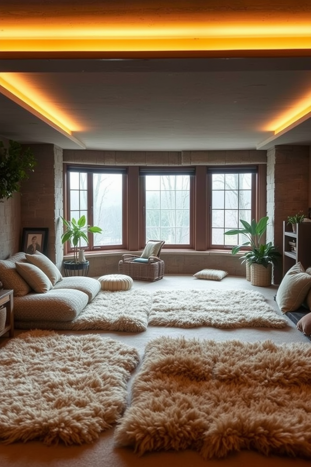 A modern basement retreat featuring glass partitions that create an open and airy atmosphere. The space is designed with soft ambient lighting, a cozy seating area with plush sofas, and a sleek coffee table, all complemented by a contemporary rug. The walls are painted in a soft gray tone, enhancing the feeling of spaciousness. Incorporate green elements such as potted plants and artwork depicting nature to bring life to the basement environment.