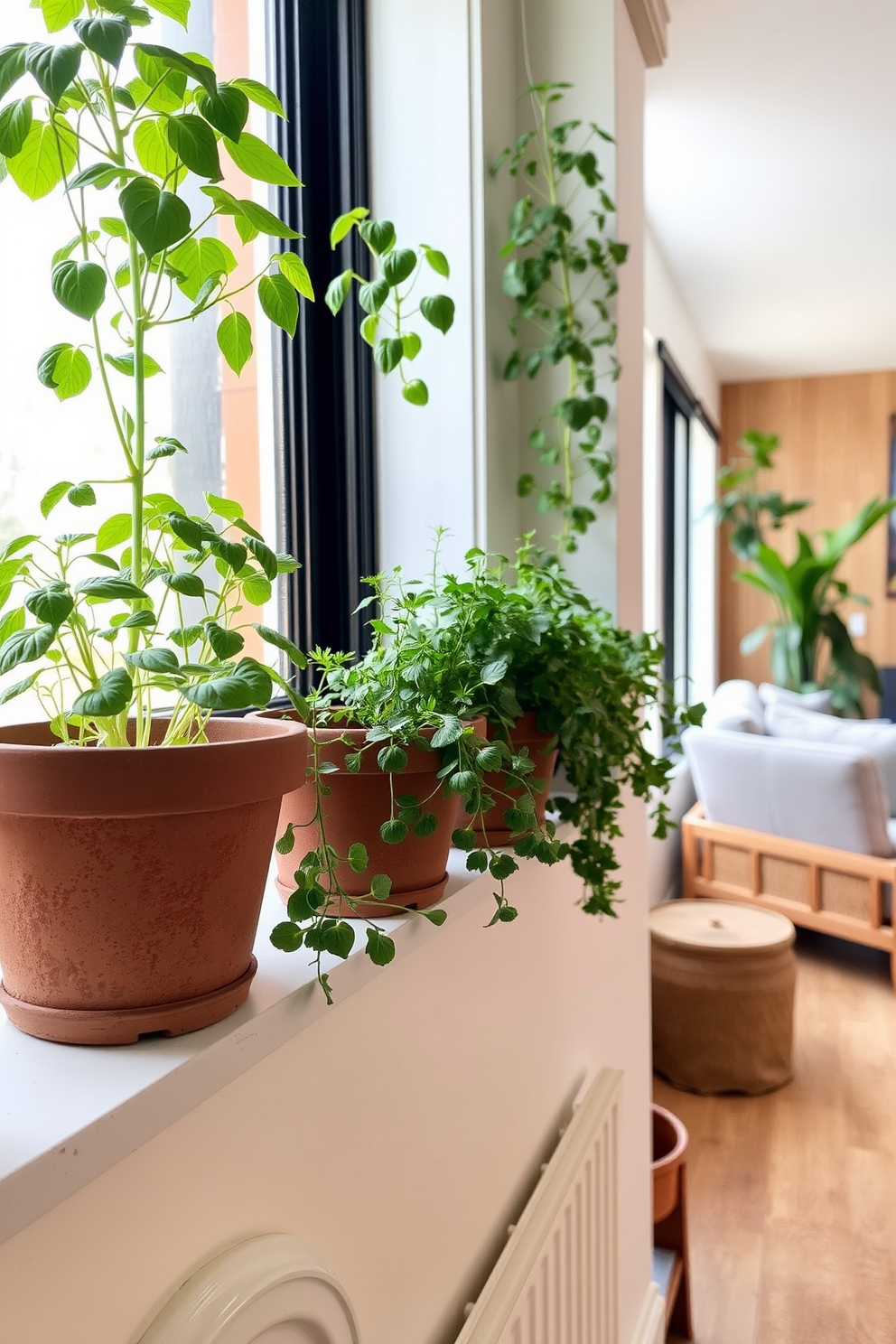 An indoor herb garden filled with vibrant green plants sits on a sunny windowsill. Various herbs like basil, thyme, and rosemary are neatly potted in rustic terracotta containers. The basement features a cozy lounge area with soft lighting and comfortable seating. A combination of natural wood accents and lush greenery creates a warm and inviting atmosphere.