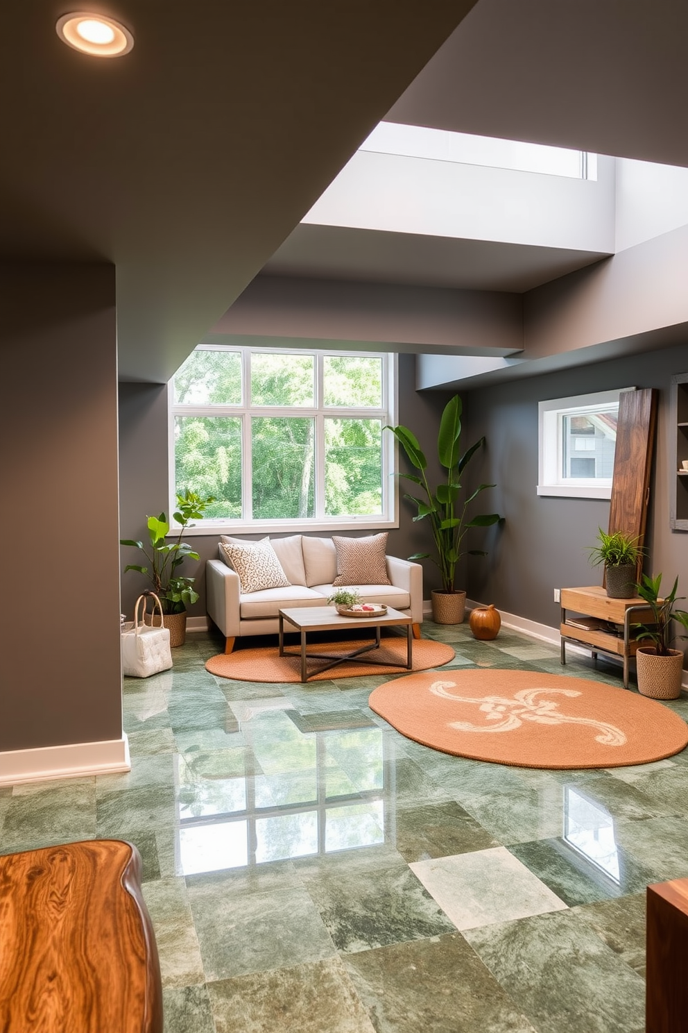 A modern basement featuring recycled glass flooring that reflects light beautifully and adds a unique aesthetic. The walls are painted in a soft gray tone, complemented by minimalist furniture and vibrant green plants for a refreshing touch. Incorporating sustainable design elements, the basement includes energy-efficient lighting and reclaimed wood accents. Large windows allow natural light to flood the space, creating an inviting atmosphere that enhances the eco-friendly theme.